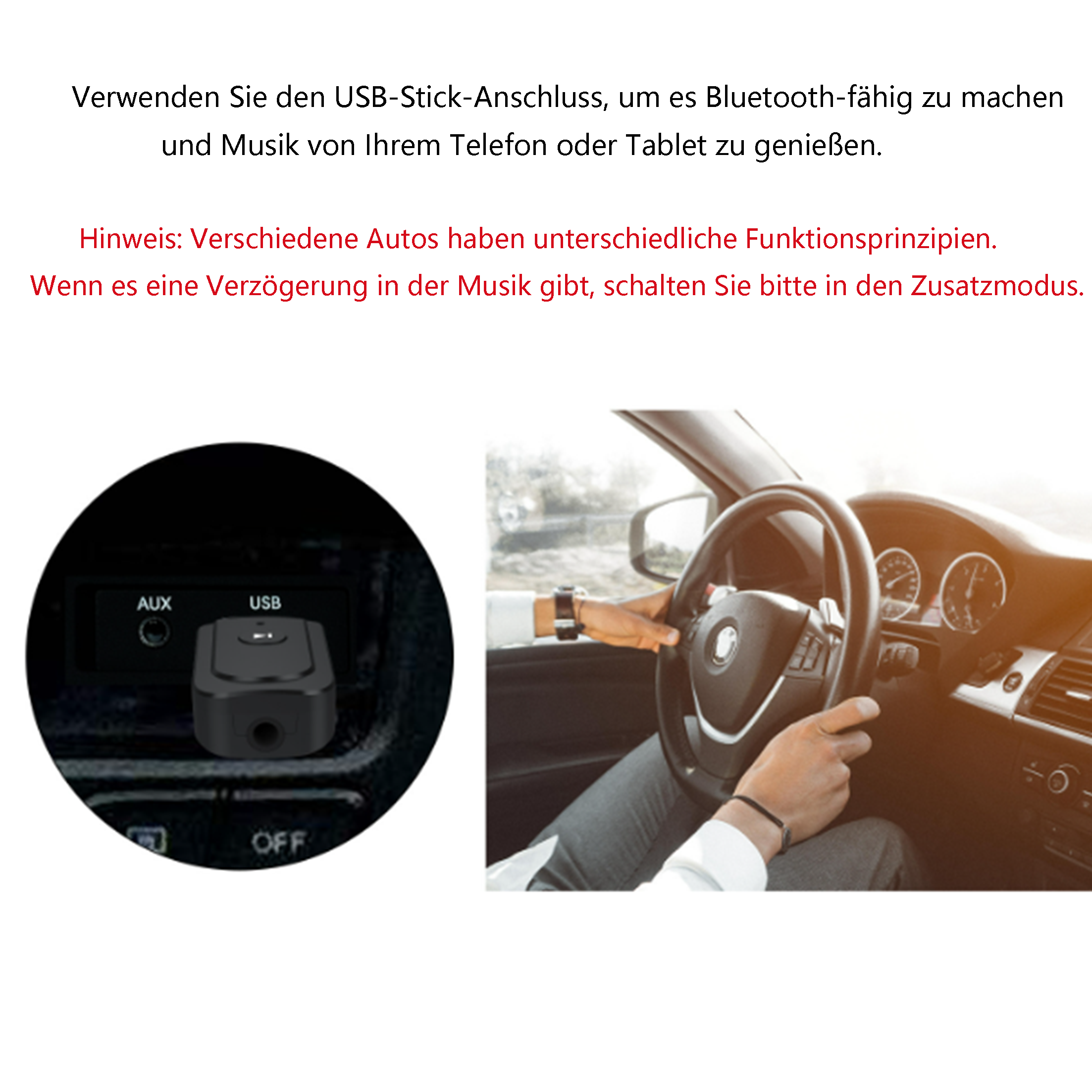 Ein schwarzes Gerät ist an den USB-Anschluss eines Autos angeschlossen. Text: Verwenden Sie den USB-Anschluss, um Musik von Ihrem Telefon zu genießen.
