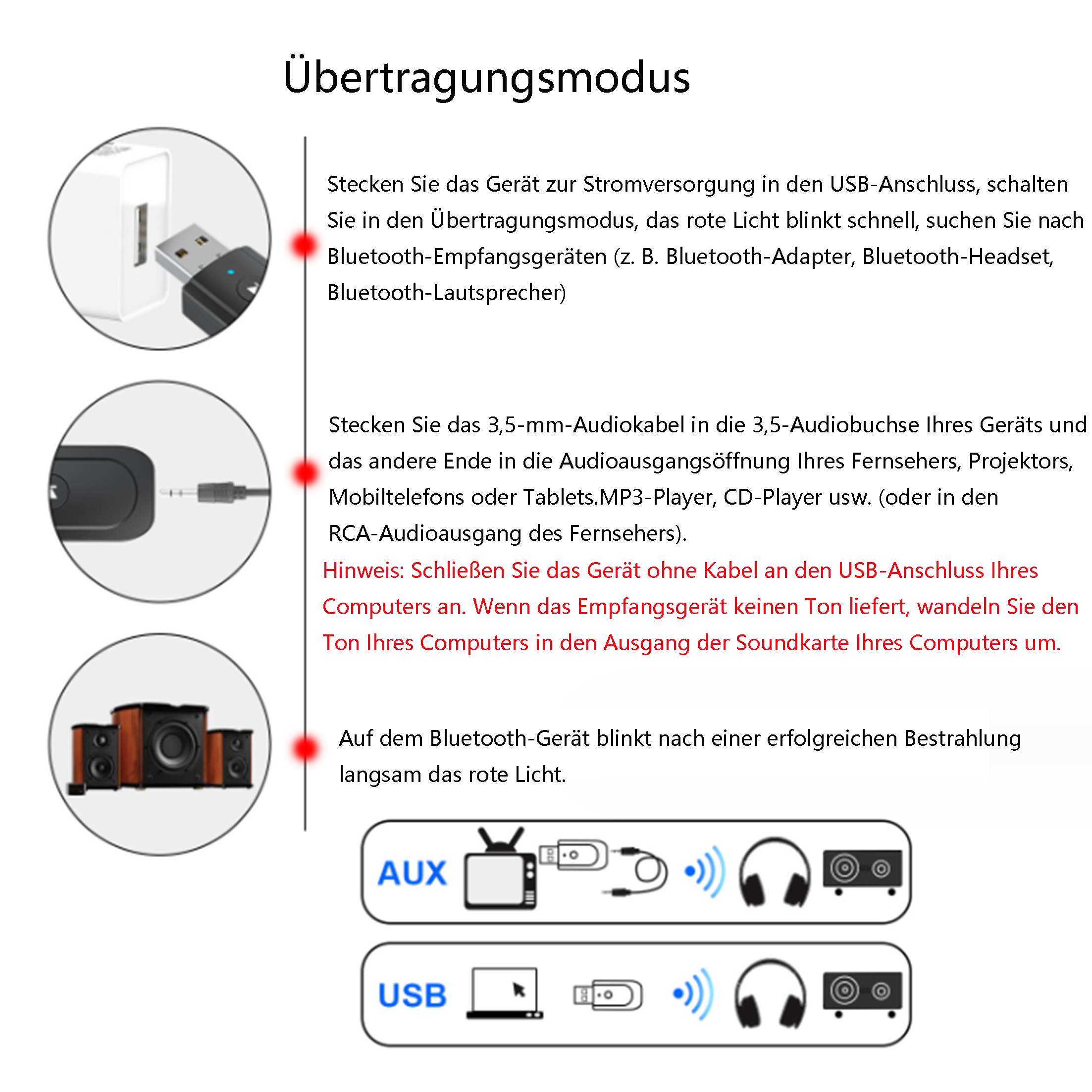 Diagramm, das zeigt, wie man ein Gerät mit Fernseher, Kopfhörern und Lautsprechern verbindet. Es hat Text auf Deutsch.