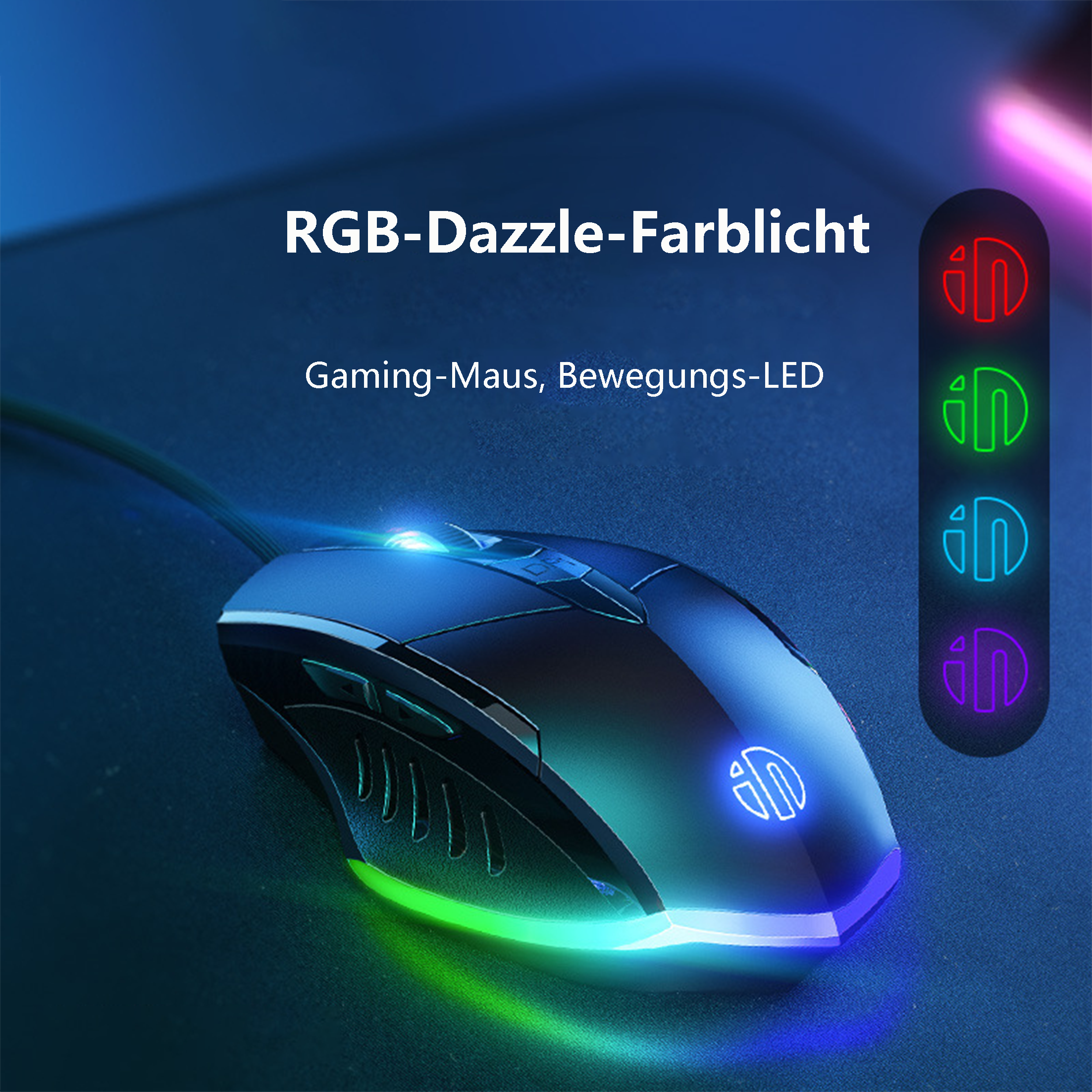 Eine schwarze Gaming-Maus. Ein Licht geht von der Maus aus. Auf der rechten Seite werden verschiedene Farben angezeigt.