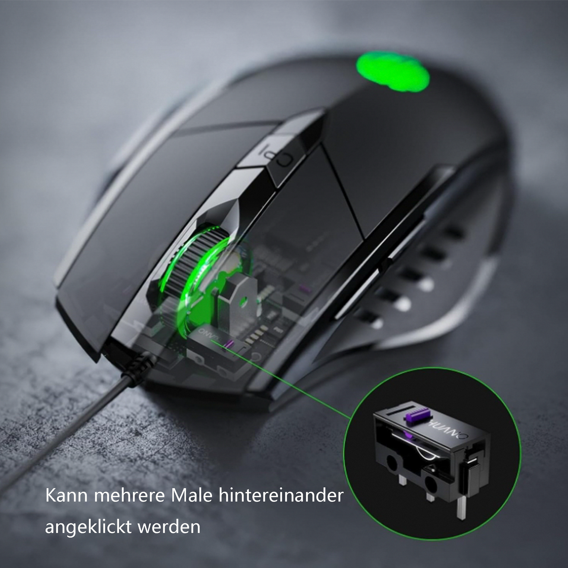 Eine schwarze Gaming-Maus. Sie hat ein grünes Licht und einen transparenten Bereich, der ihre Komponenten zeigt.