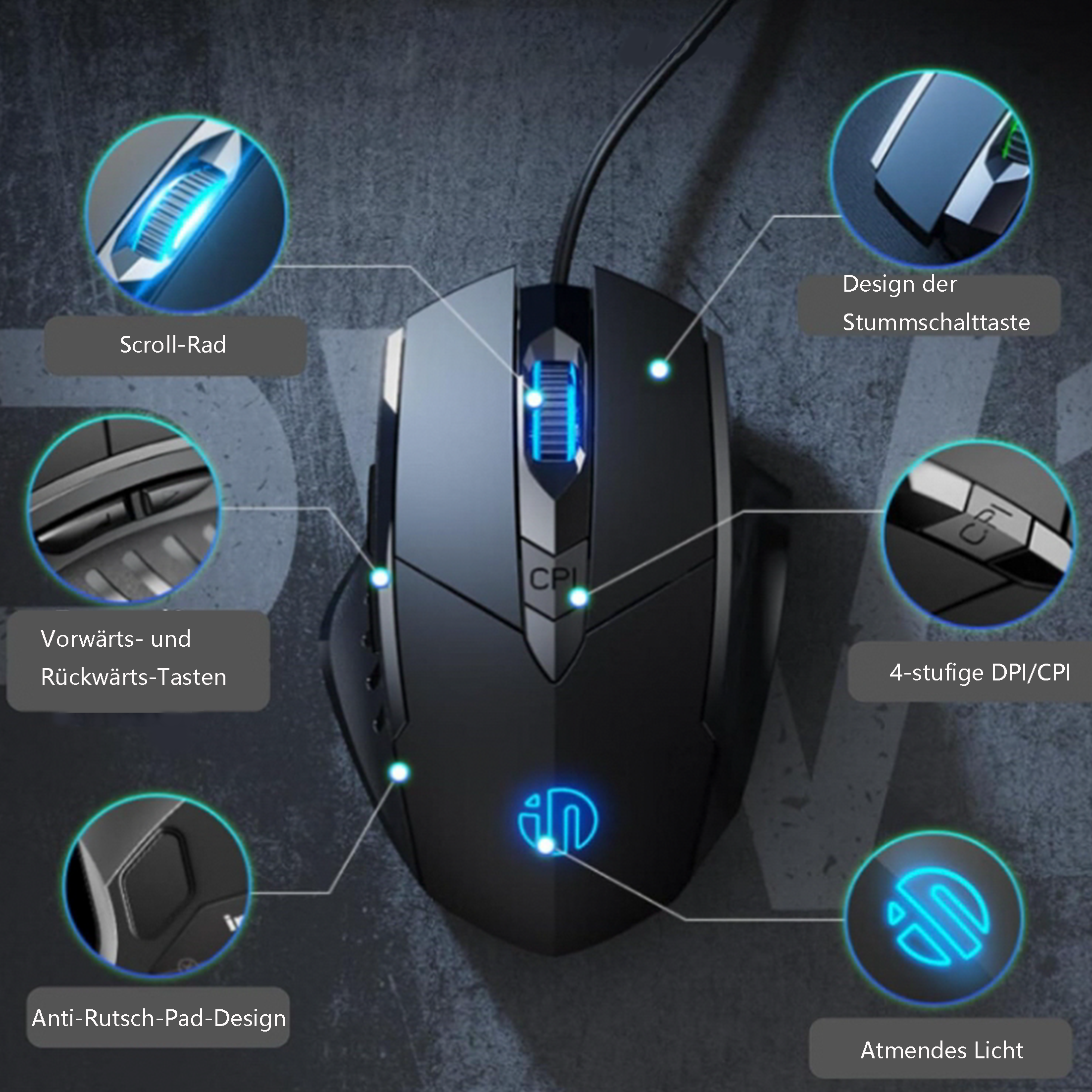 Eine schwarze Gaming-Maus mit mehreren beschrifteten Komponenten und blauer Akzentbeleuchtung.