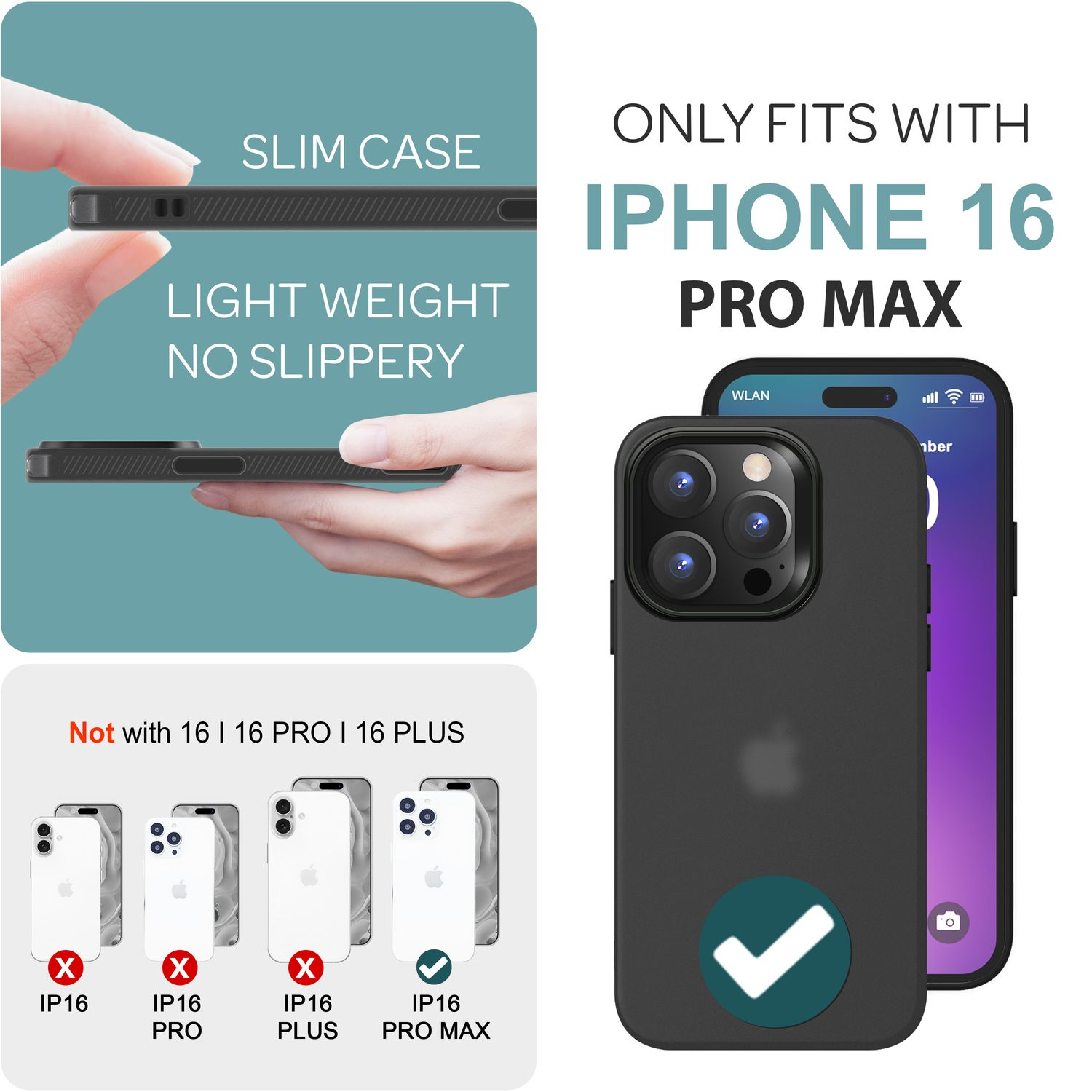 Eine iPhone 16 Pro Max Hülle mit schwarzem Gehäuse. Sie passt nur für iPhone 16 Pro Max.