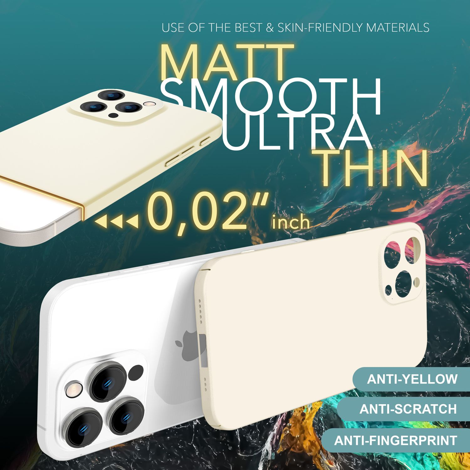 Zwei Telefone, ein cremefarbenes Telefon mit Hülle und ein weißes Telefon. Text: "Matt Smooth Ultra Thin".