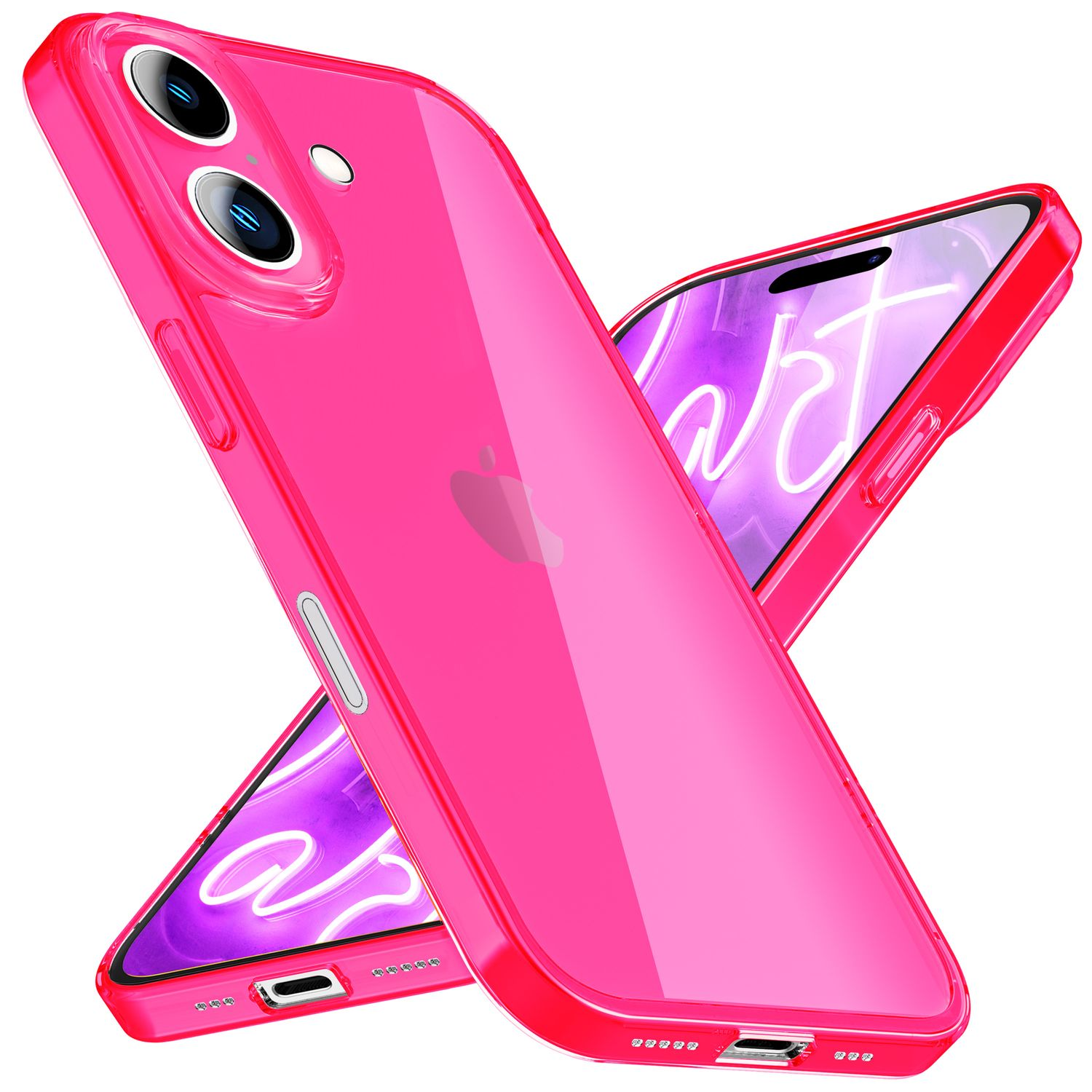 Zwei transparente, pinke Handyhüllen, die ein iPhone zeigen. Eine Hülle ist vorne, die andere dahinter und abgewinkelt.
