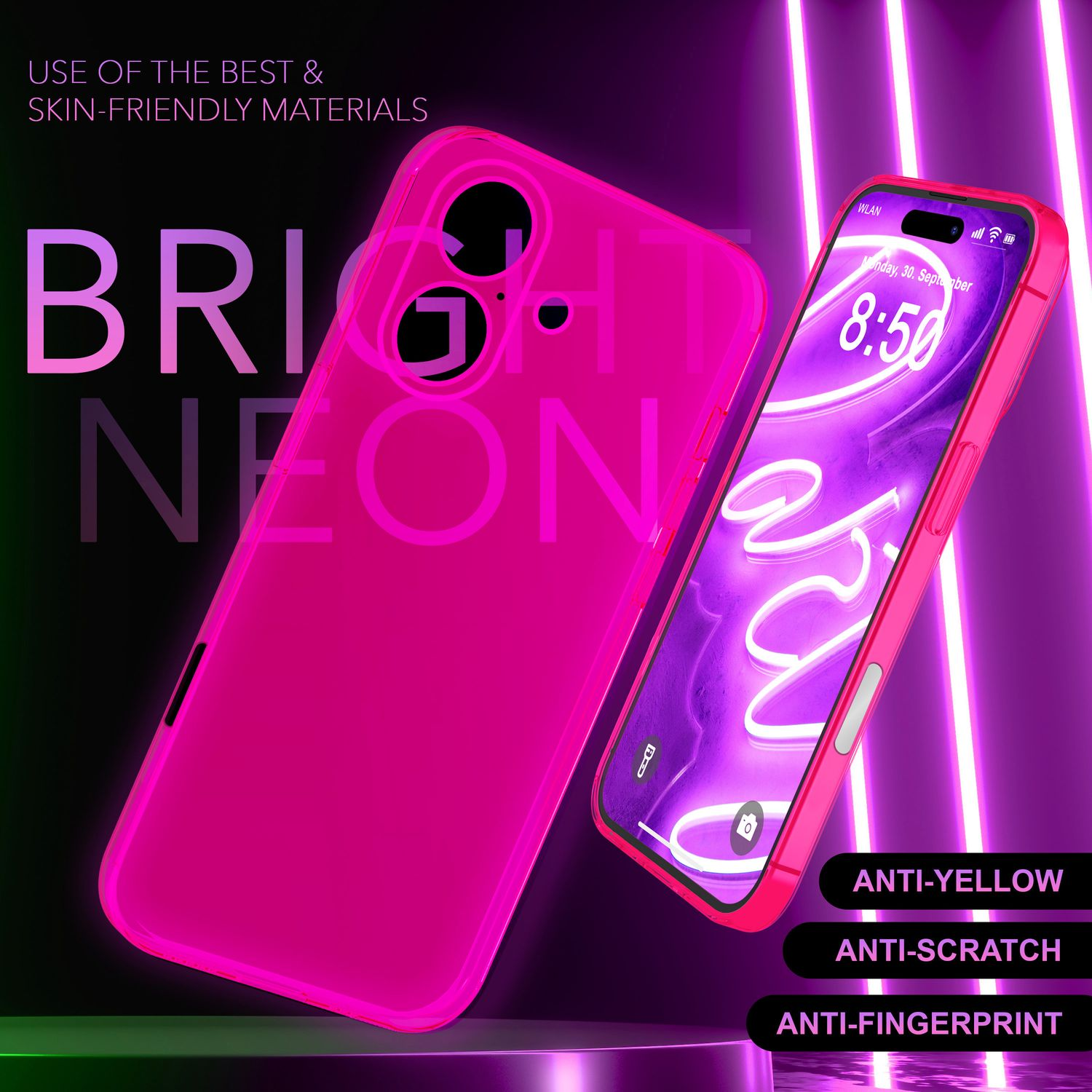 Pinke Neon-Handyhülle und Telefon. Anti-Gelb, kratzfest und Anti-Fingerabdruck-Eigenschaften.