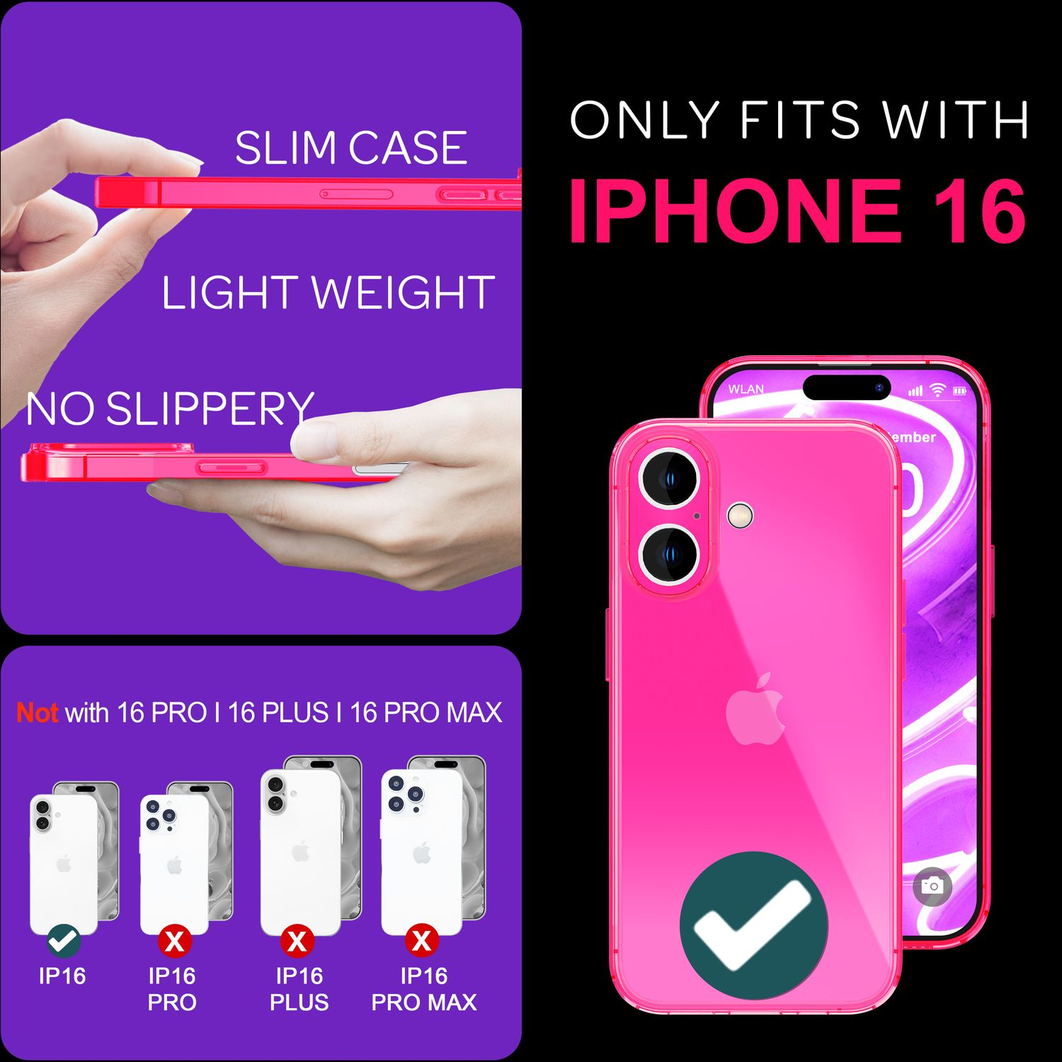 Eine pinke Handyhülle. Die Hülle ist für ein iPhone 16. Die Hülle ist schlank und leicht und nicht rutschig.