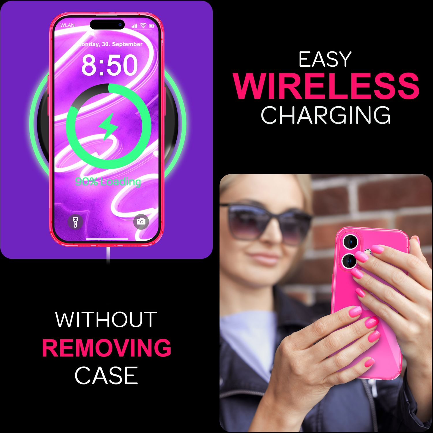 Ein pinkfarbenes Telefon, das kabellos geladen wird. Eine Frau hält ein pinkfarbenes Telefon mit pinkfarbener Hülle.