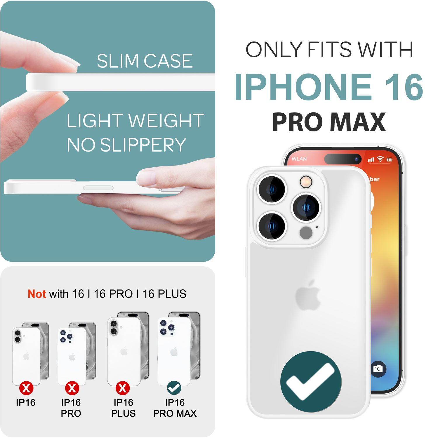 Bild einer Handyhülle mit weißem Hintergrund. Text: Nur für iPhone 16 Pro Max, nicht andere Modelle.