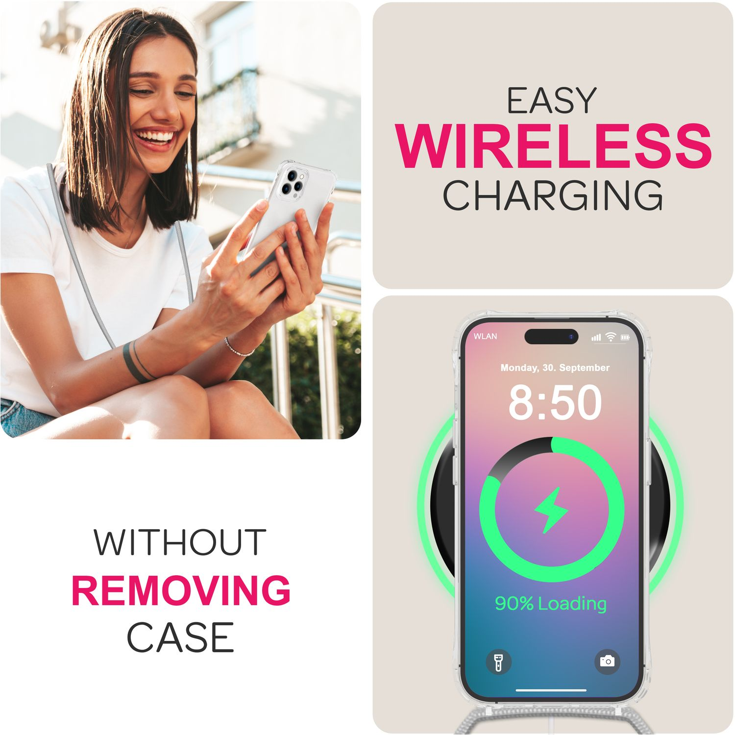 Donna usa telefono, carica telefono wireless. Testo: Ricarica wireless facile.