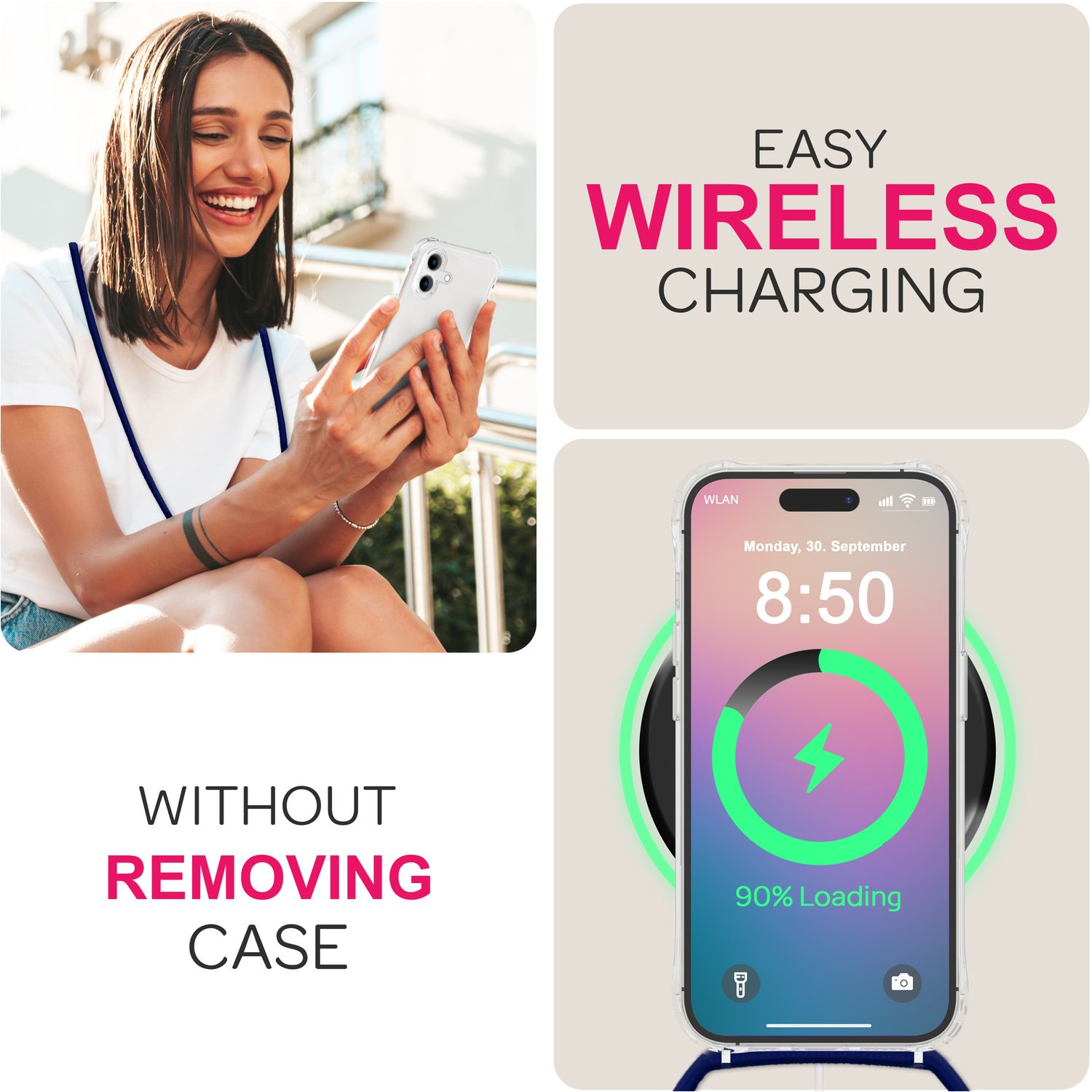 Donna che usa il telefono, configurazione di ricarica wireless sullo sfondo, testo sullo schermo.