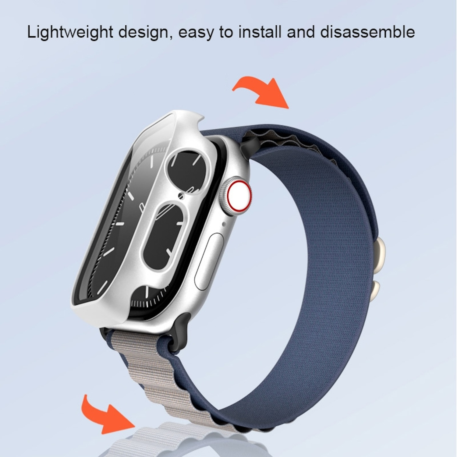 Silbernes Apple Watch-Gehäuse mit blau-grauem Armband. Das Bild zeigt die Montage des Gehäuses.