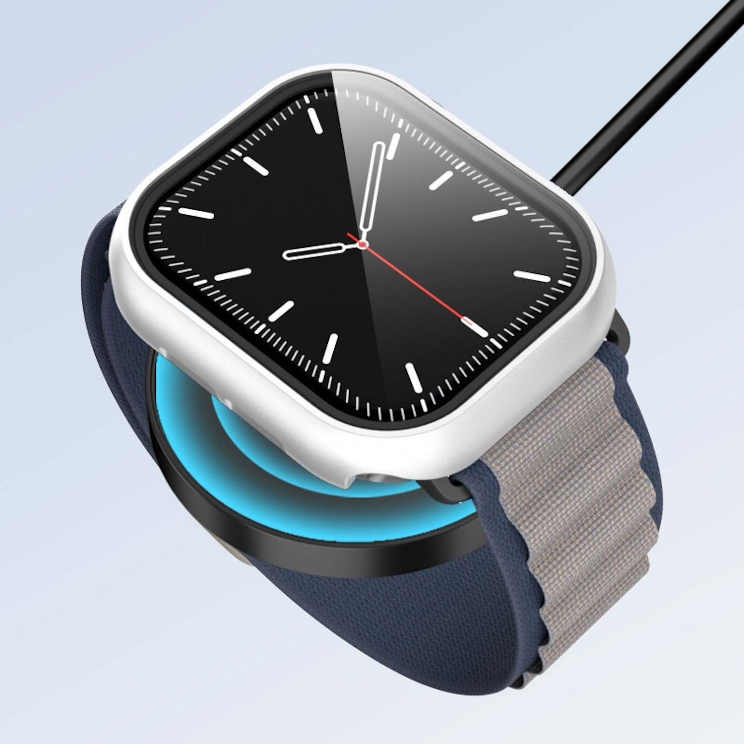 Smartwatch auf Ladegerät, schwarzes Zifferblatt mit weißer Lünette und blauem Armband.