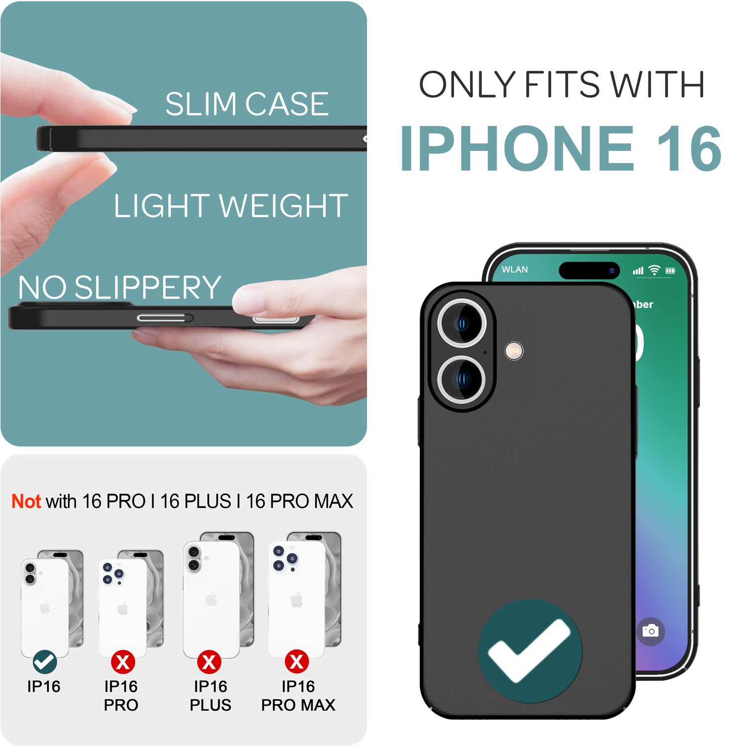 Schwarze iPhone 16 Hülle. Zeigt schlankes Design, geringes Gewicht und rutschfeste Eigenschaften. Nur für iPhone 16.