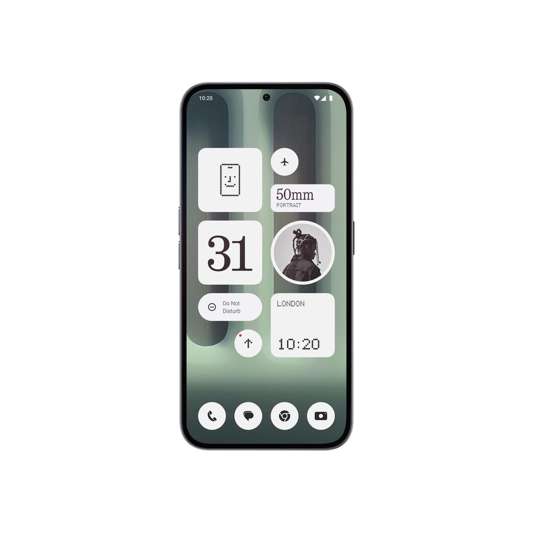 Ekran smartfona z minimalistycznym interfejsem pokazującym widżety, godzinę i ikony aplikacji.