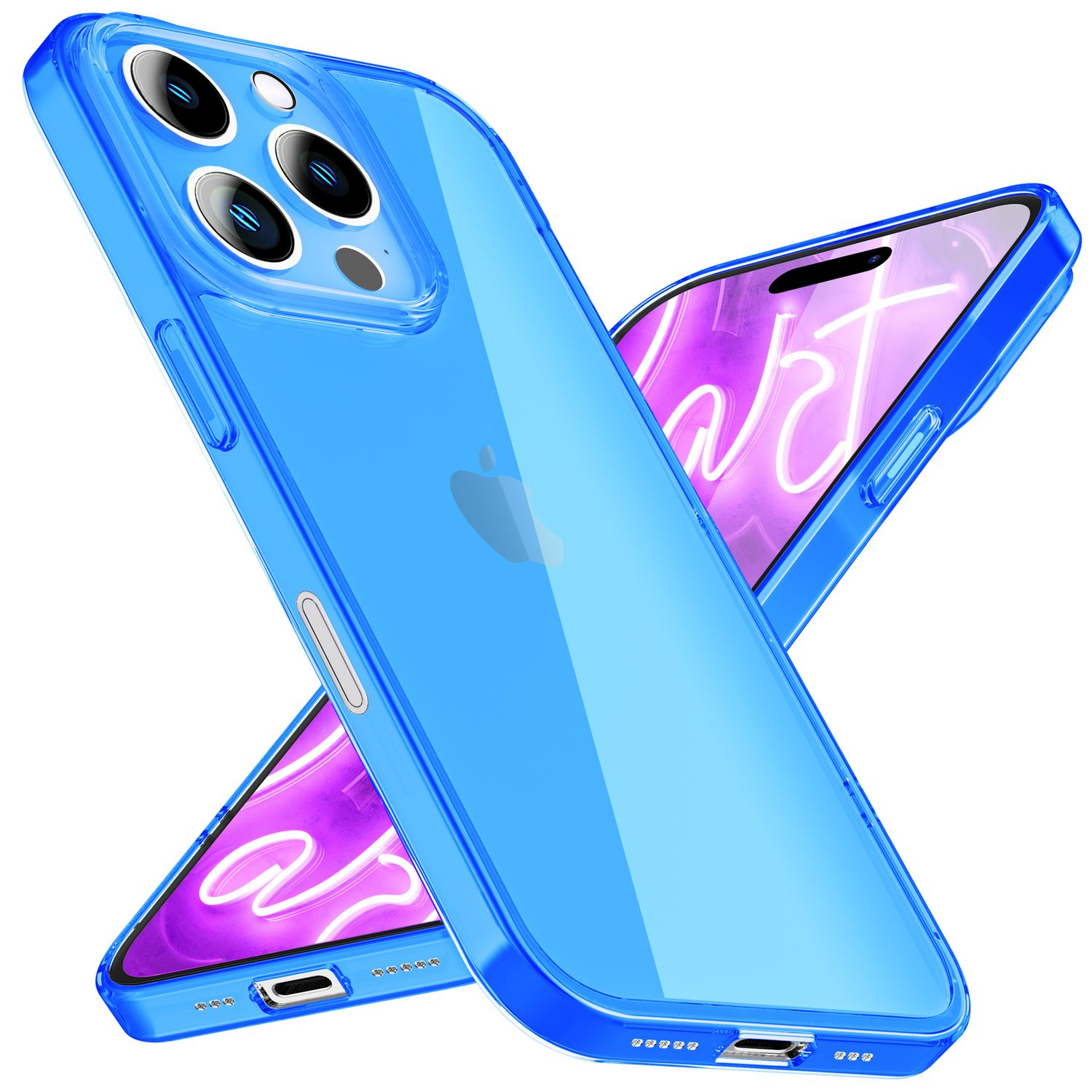 Zwei transparente, blaue Handyhüllen, die ein iPhone zeigen. Eine Hülle ist vorne, die andere dahinter und abgewinkelt.