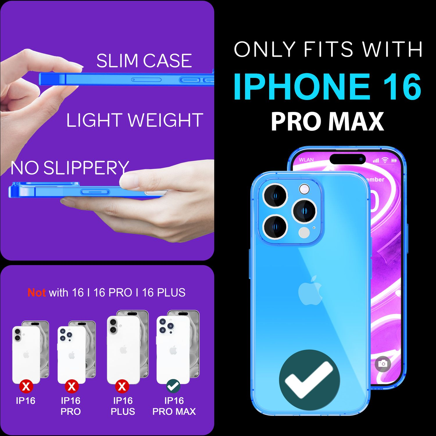 Blaue Handyhülle mit iPhone 16 Pro Max. Text weist darauf hin, dass es nur für das Pro Max Modell geeignet ist.