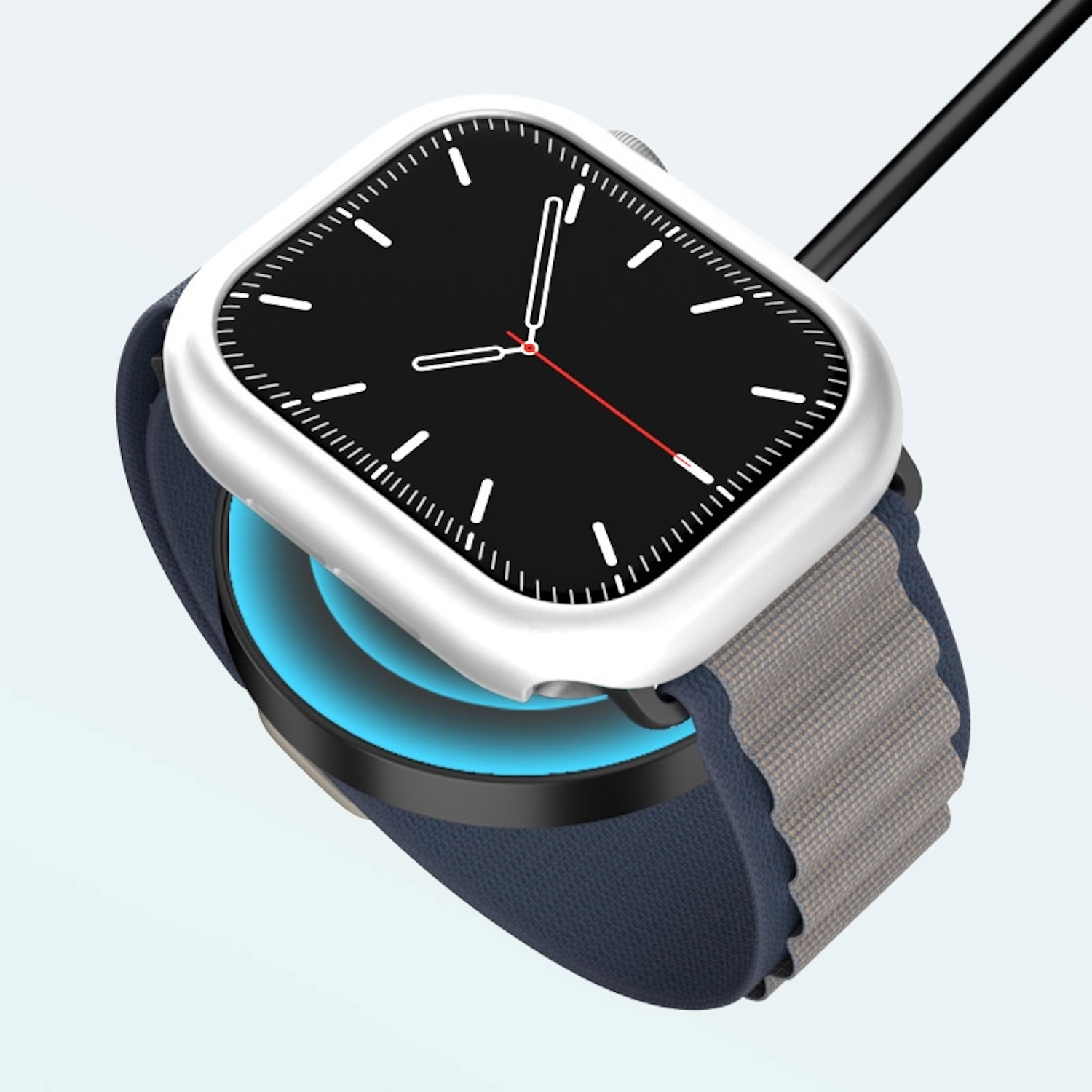 Eine Smartwatch auf einem Ladegerät, die ein Zifferblatt zeigt. Die Uhr hat ein marineblaues Armband.