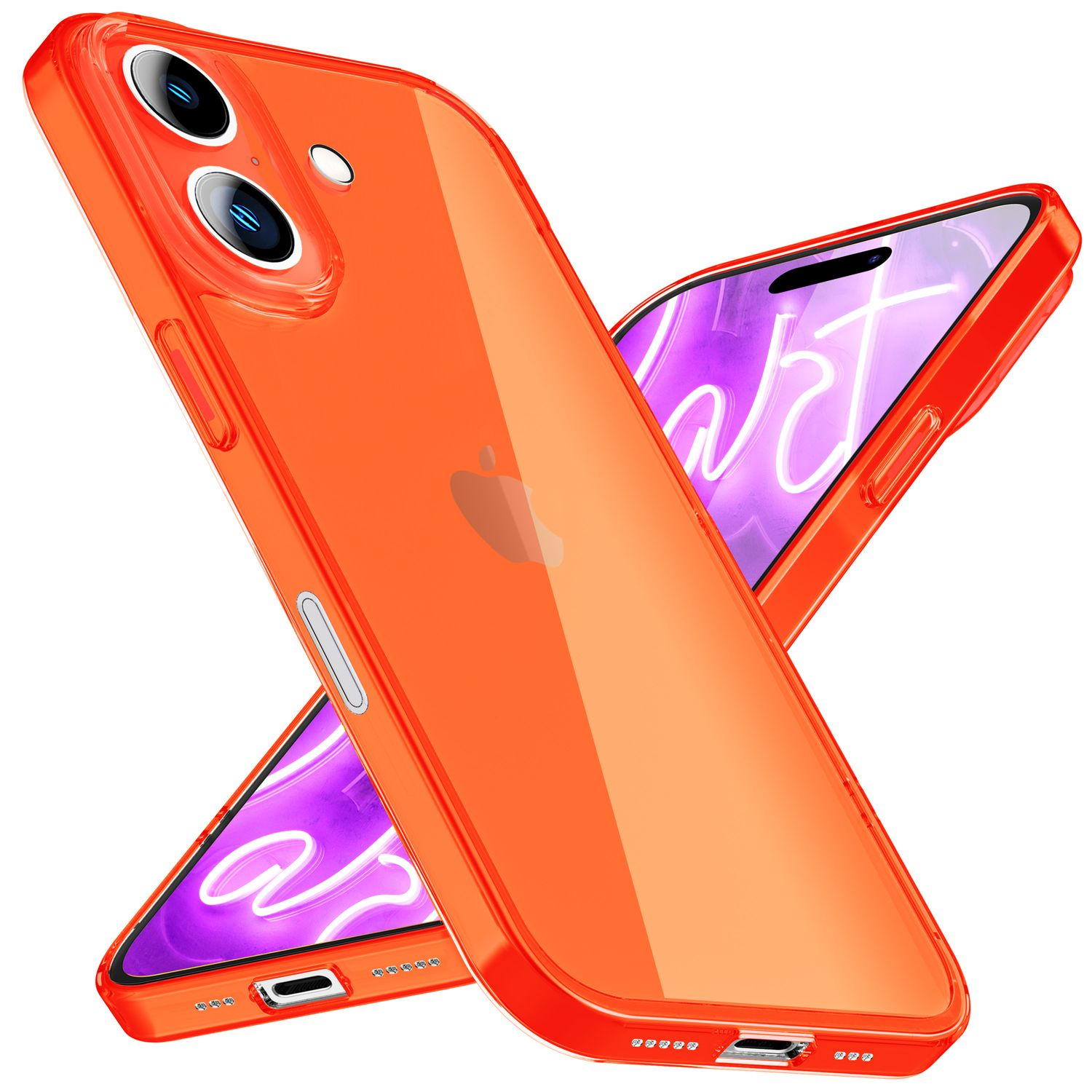 Orangefarbene Handyhülle mit zwei Handys. Ein Handy ist in der Hülle.