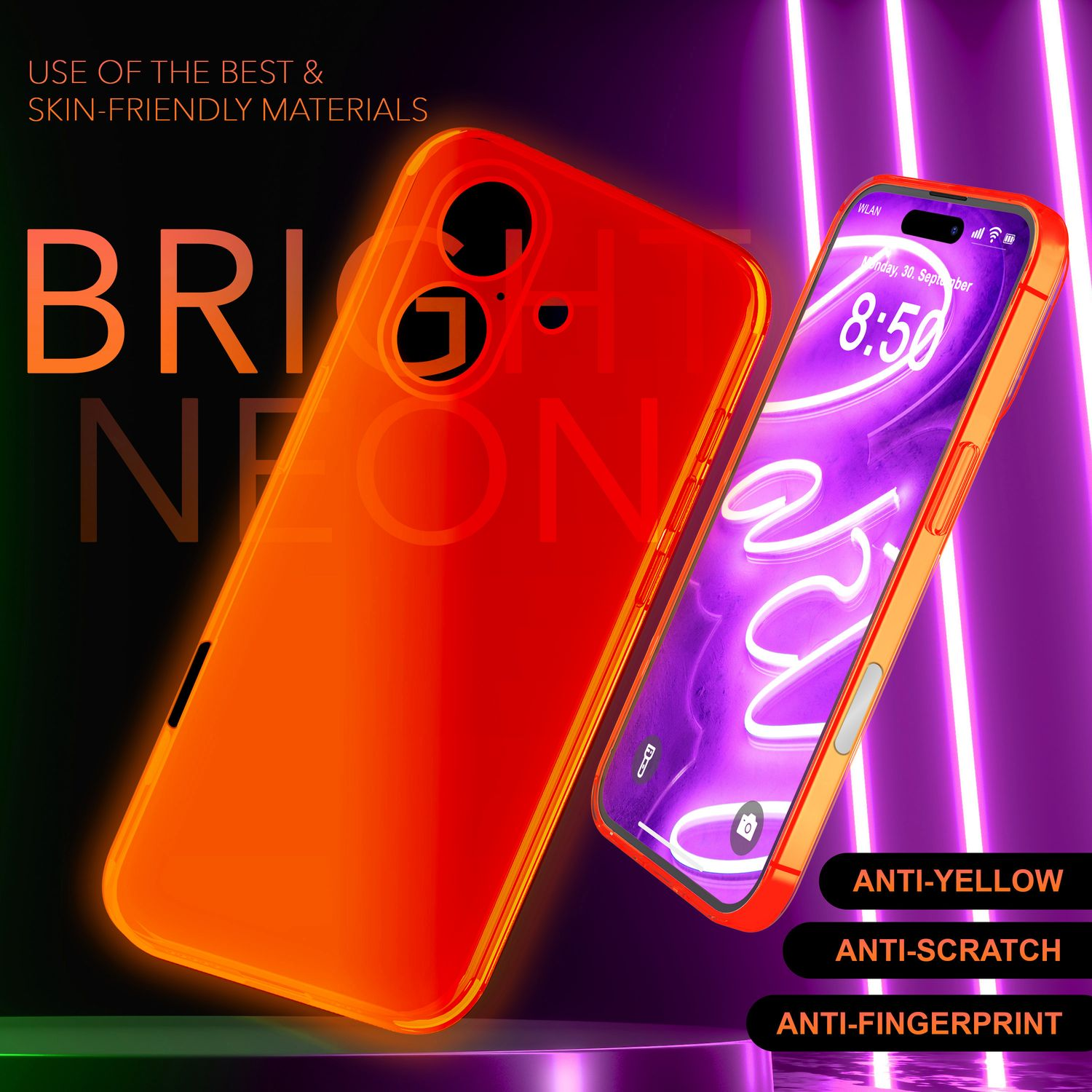 Zwei orange Handyhüllen mit Smartphone. Helle Neon-Text. Anti-Gelb, Kratzer und Fingerabdruck.