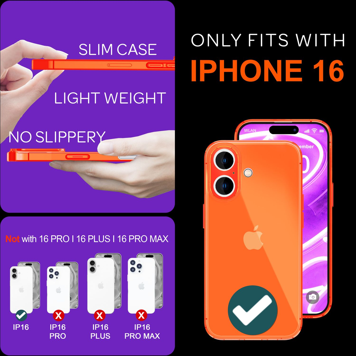Orangefarbene Handyhülle neben einem Telefon. Text zeigt, dass die Hülle für iPhone 16 und nicht für andere Modelle passt.