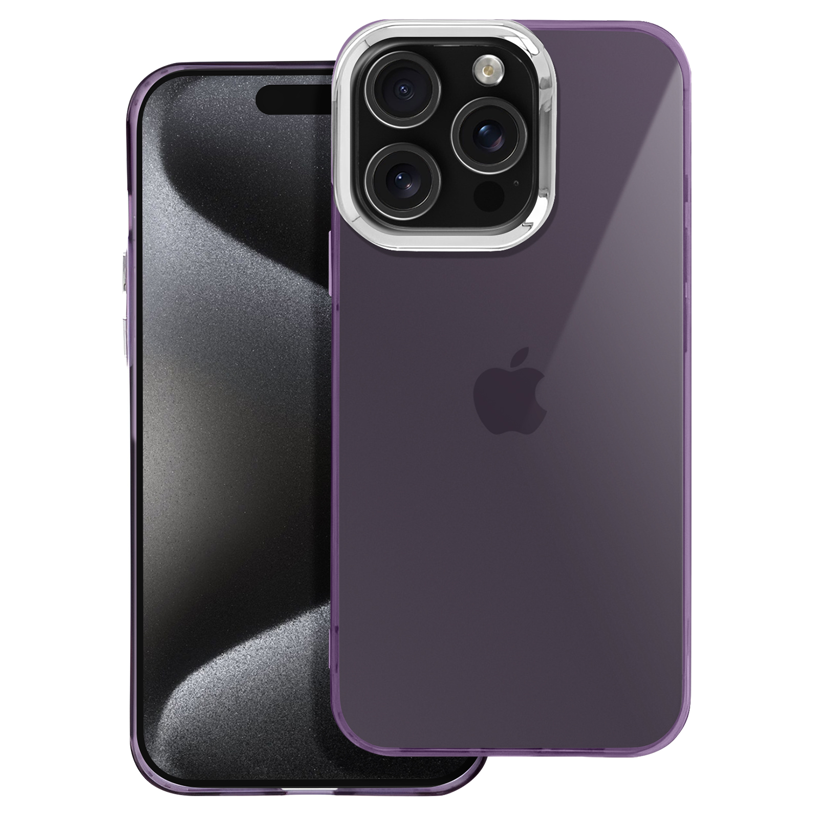 Un telefono viola in una custodia trasparente. La custodia ha un bordo viola e un anello argentato per la fotocamera.