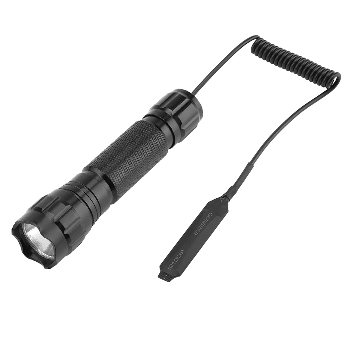 Schwarze Taschenlampe mit Spiralkabel und Fernschalter.