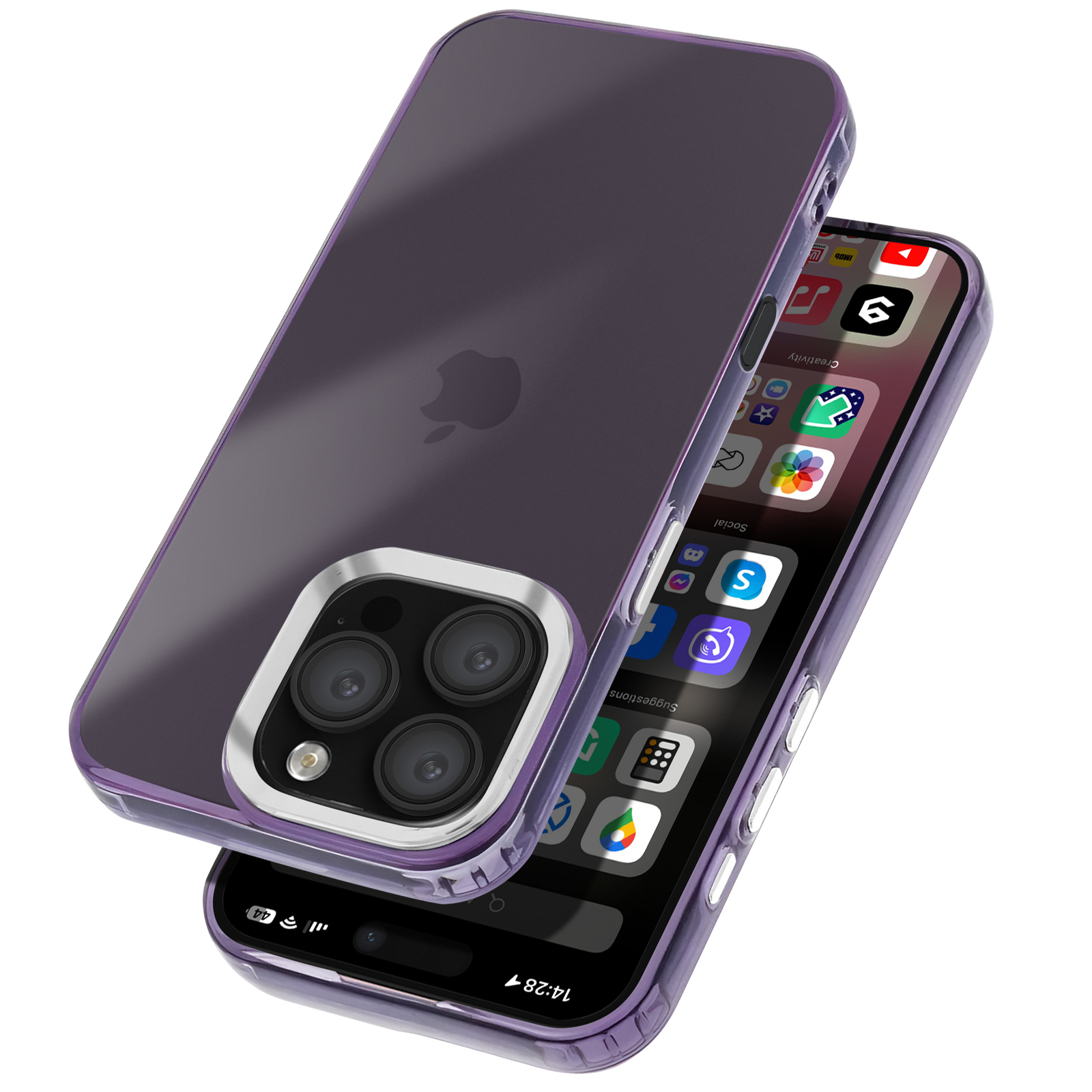 Due custodie per telefono impilate. Il retro della custodia superiore è viola, mostrando le app del telefono.