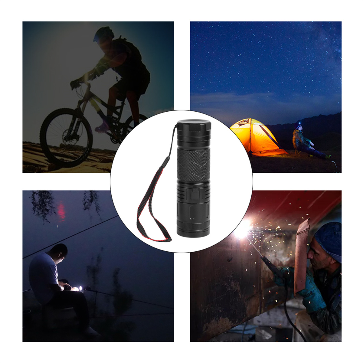 Schwarze Taschenlampe in verschiedenen Szenen: Radfahren, Camping, Angeln und Schweißen.