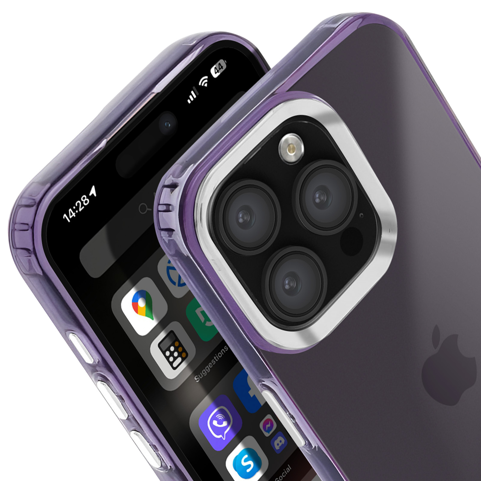 Un telefono con una custodia trasparente. La fotocamera del telefono è visibile, lo schermo visualizza le app.