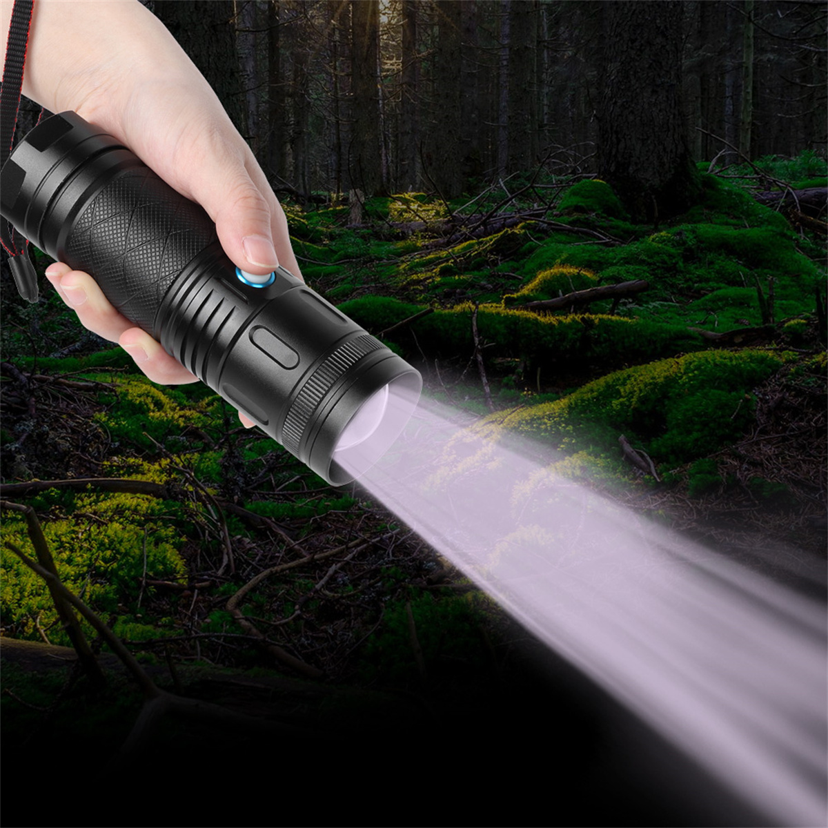 Eine Hand hält eine schwarze Taschenlampe und strahlt einen violetten Lichtstrahl in eine dunkle Waldumgebung.