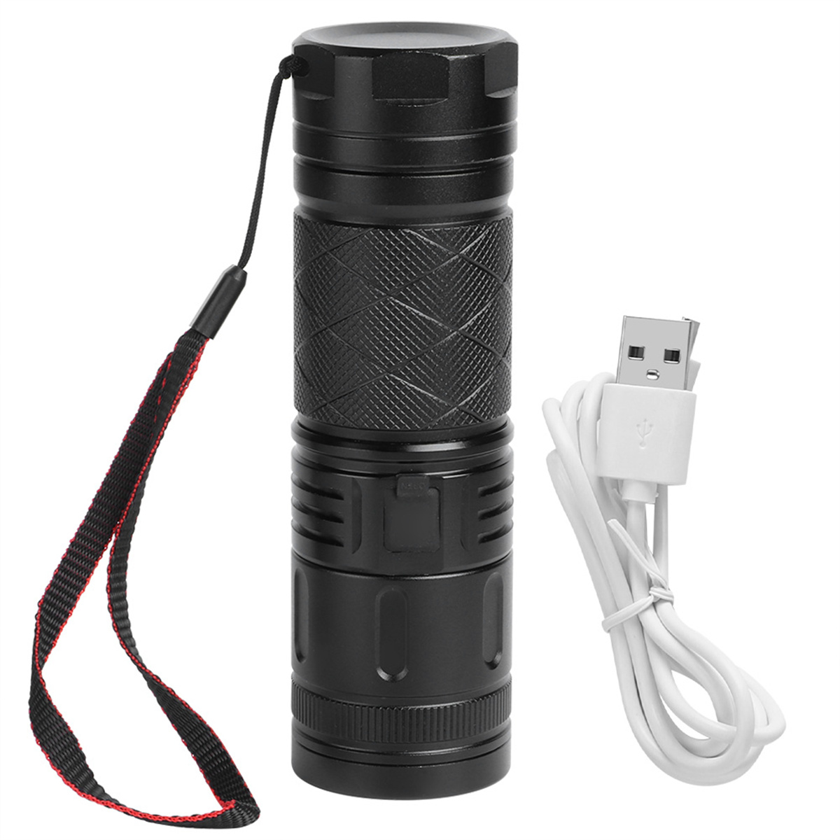 Eine schwarze Taschenlampe mit Handschlaufe und weißem USB-Ladekabel.
