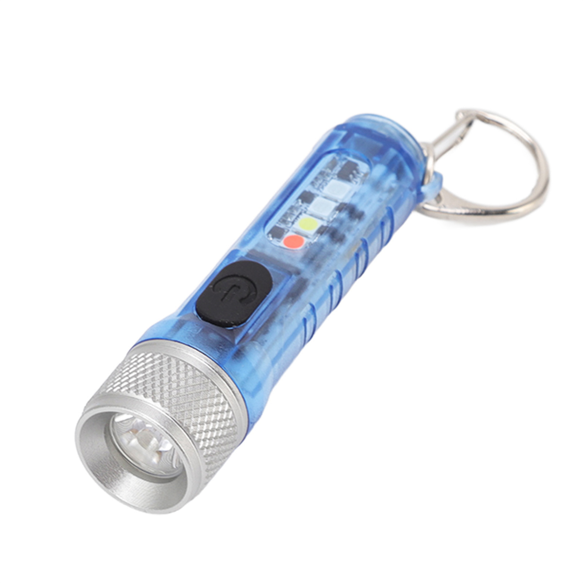 Eine blaue Taschenlampe mit silberner Lünette und Schlüsselring. Sie hat einen schwarzen Knopf und einen transparenten Körper.