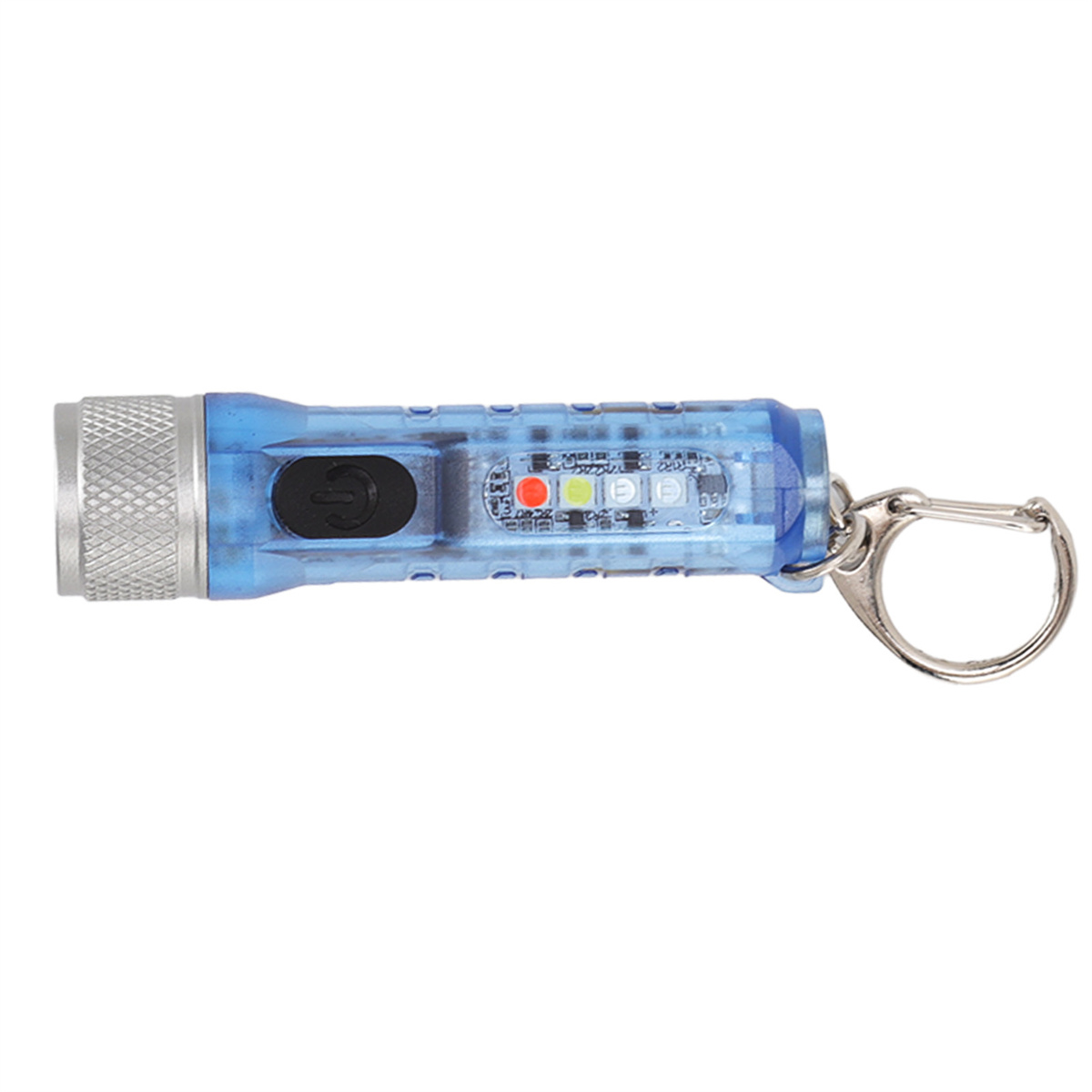 Kleine blaue Taschenlampe mit silbernem Clip und schwarzem Knopf.