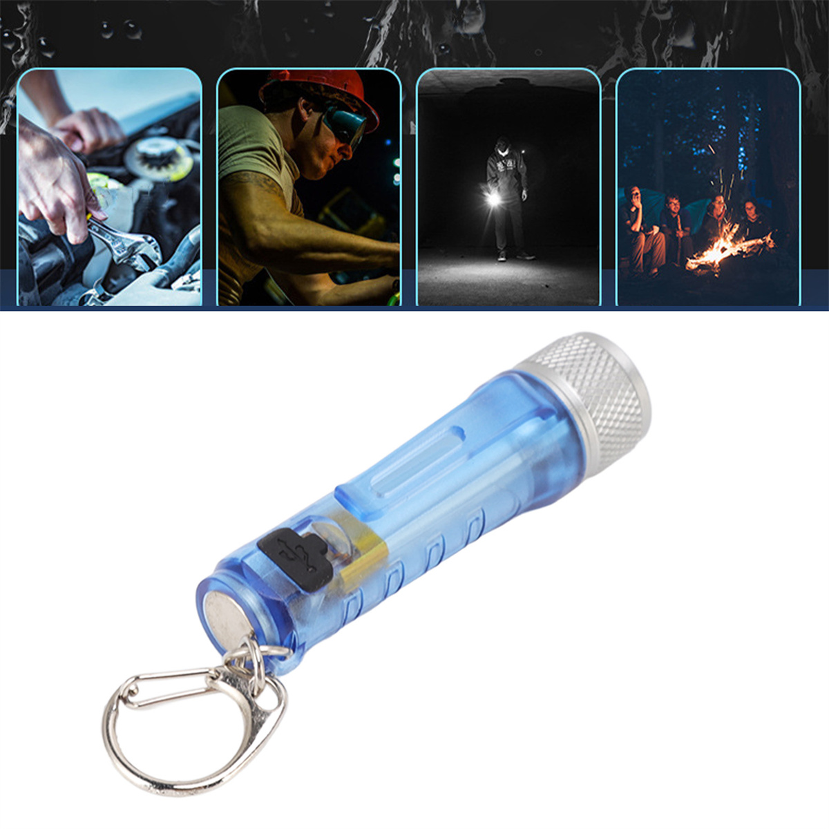 Eine blaue Taschenlampe mit silbernem Oberteil und einem Schlüsselanhänger mit Personengruppen in verschiedenen Szenarien.