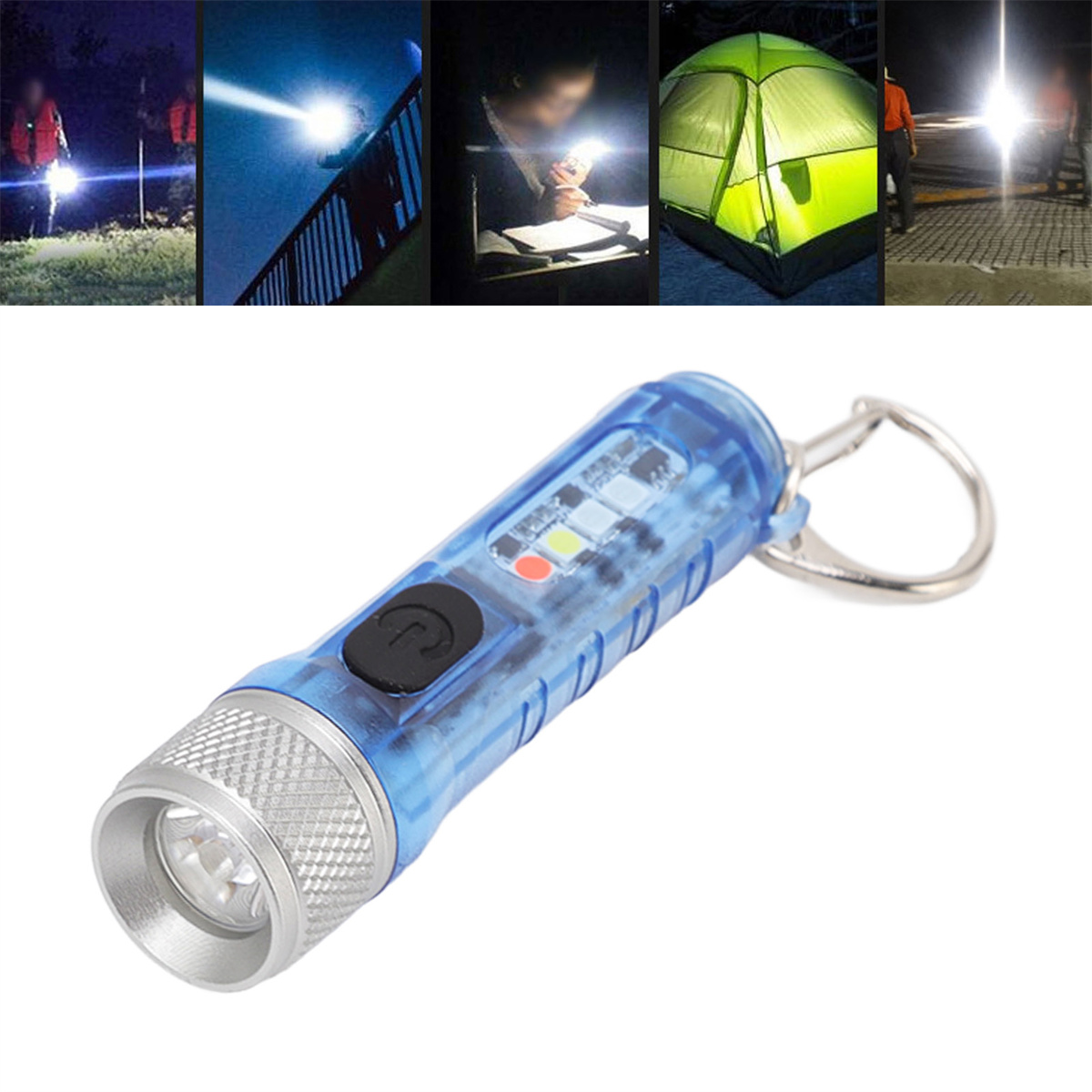 Eine blau-silberne Taschenlampe mit verschiedenen Lichtszenen im Hintergrund.