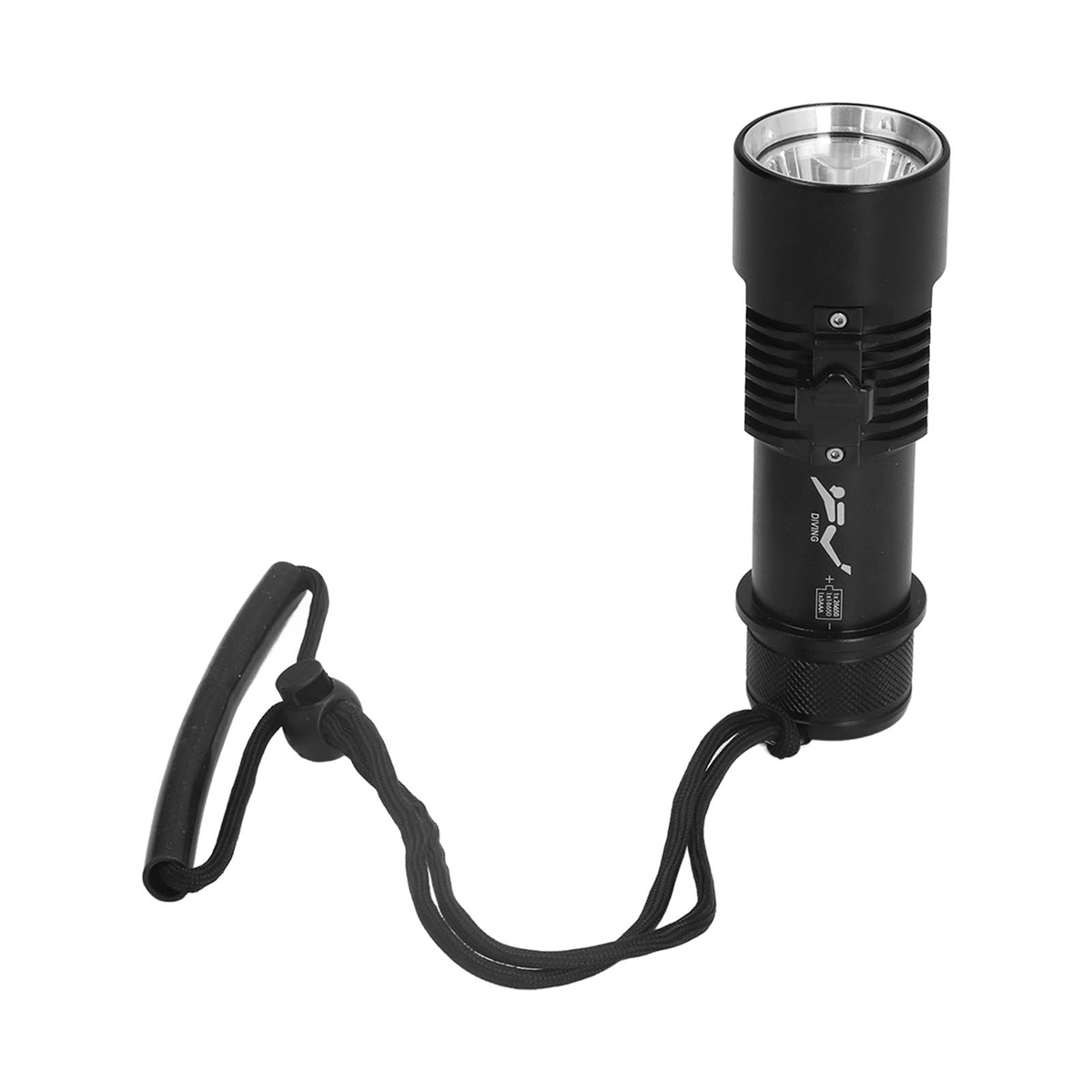 Schwarze Tauch-Taschenlampe mit einem Umhängeband. Die Taschenlampe ist zylindrisch mit geripptem Körper.