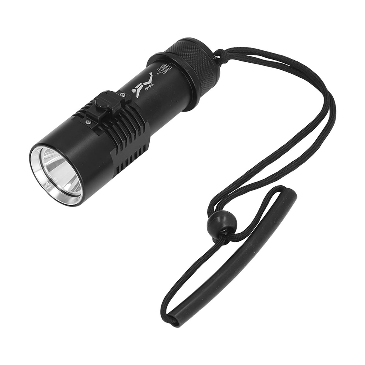 Eine schwarze, wasserdichte Taschenlampe mit einem Umhängeband.