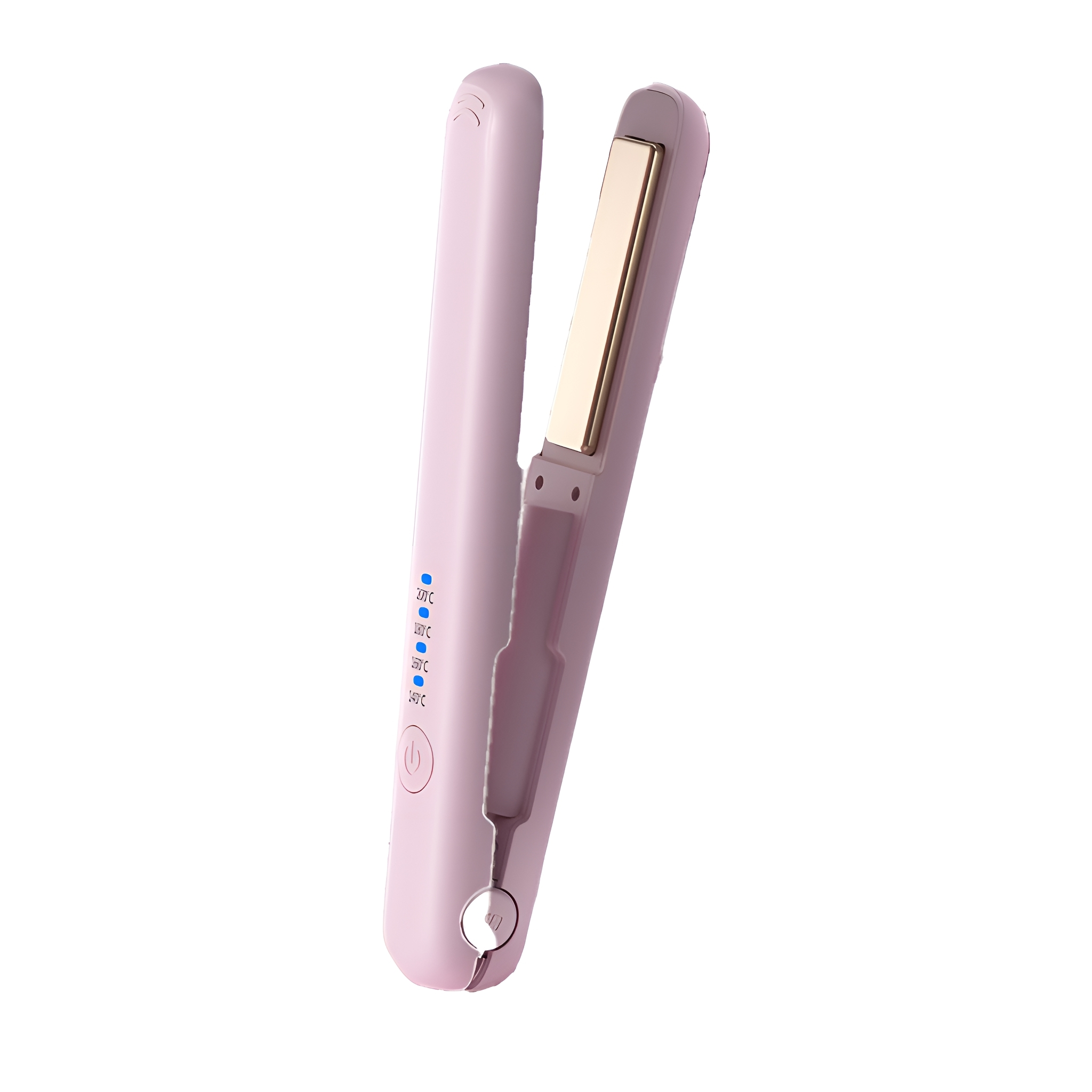 Ein rosa Haarglätter, geöffnet. Es hat eine goldene Heizplatte und Temperatureinstellungen.
