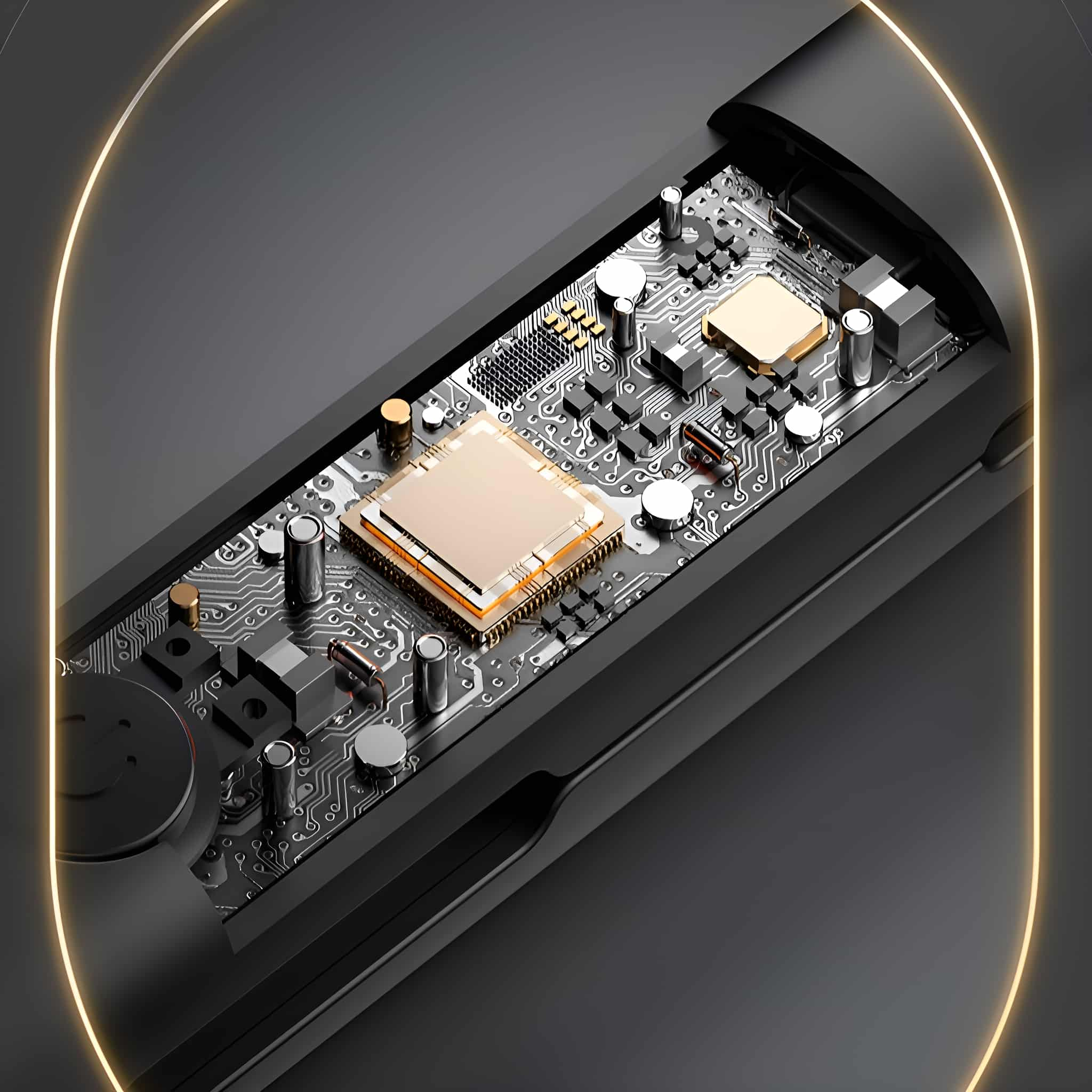 Eine Leiterplatte wird gezeigt. Die Platine ist schwarz, mit goldenen und silbernen Komponenten. Ein gelbes Licht umgibt die Platine.