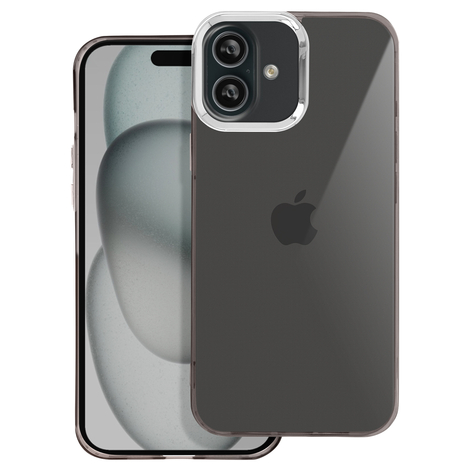 Custodia nera con bordo trasparente e logo Apple sul telefono.