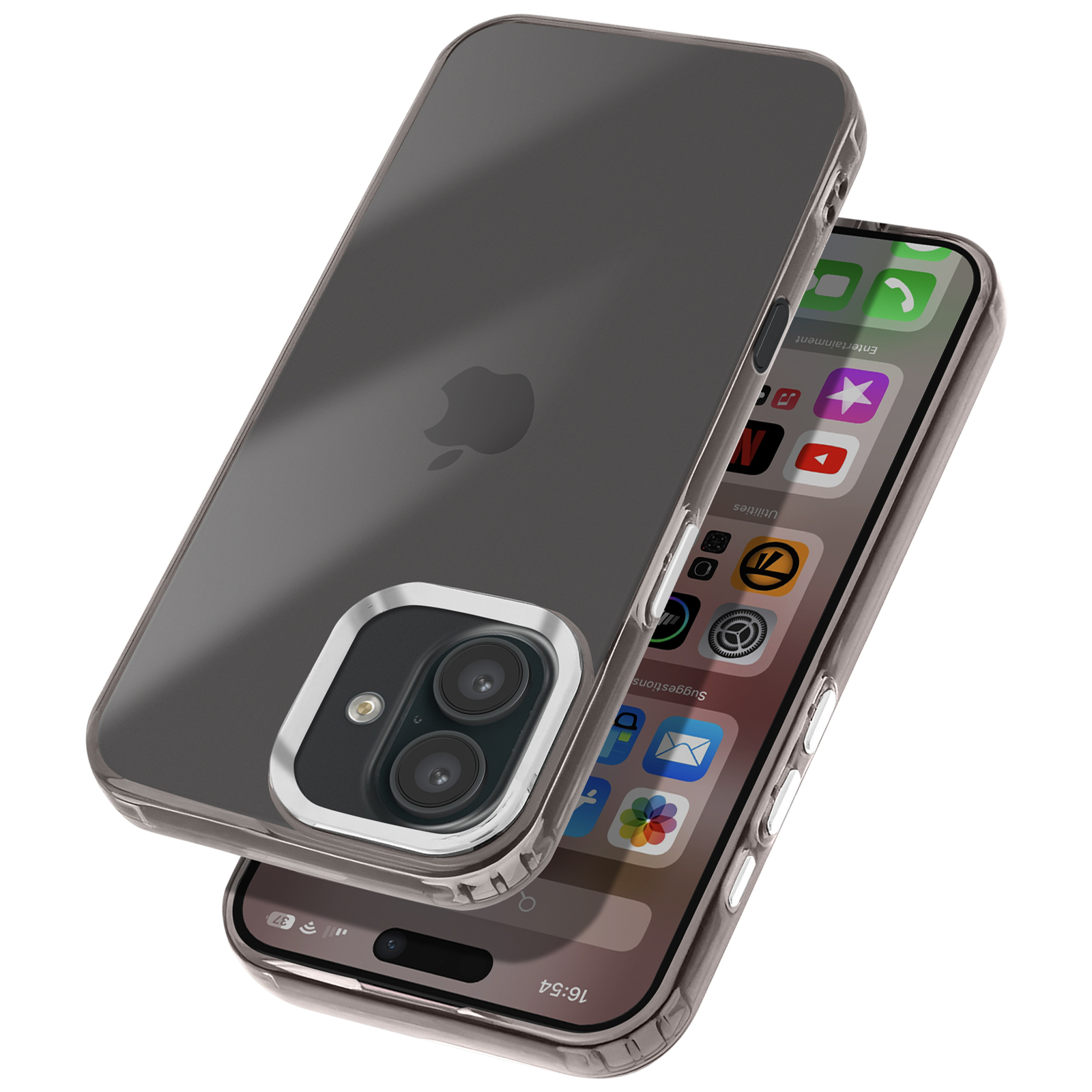 Telefono con custodia, che mostra le icone delle app, su sfondo bianco.