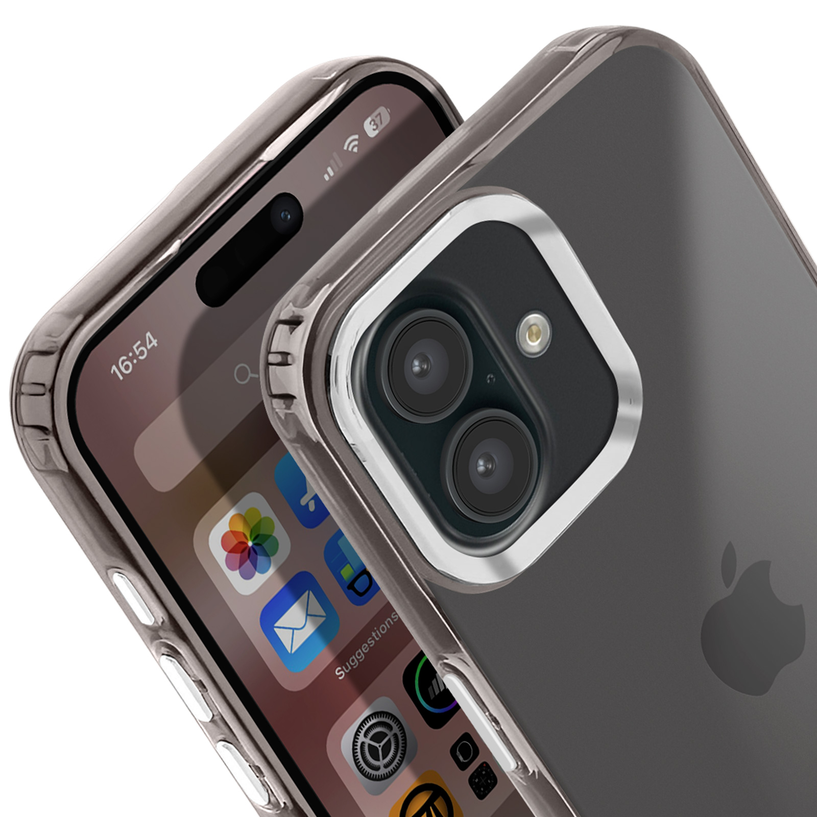Primo piano di un telefono in una custodia trasparente. La custodia ha un anello d'argento attorno alla fotocamera.