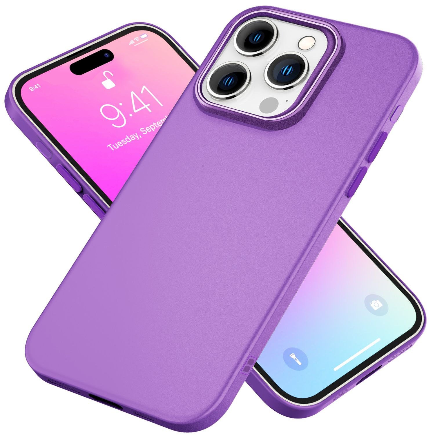 Lila Handyhülle mit einem Telefon. Zwei Hüllen werden gezeigt, eine ist flach, die andere abgewinkelt. Weißer Hintergrund.