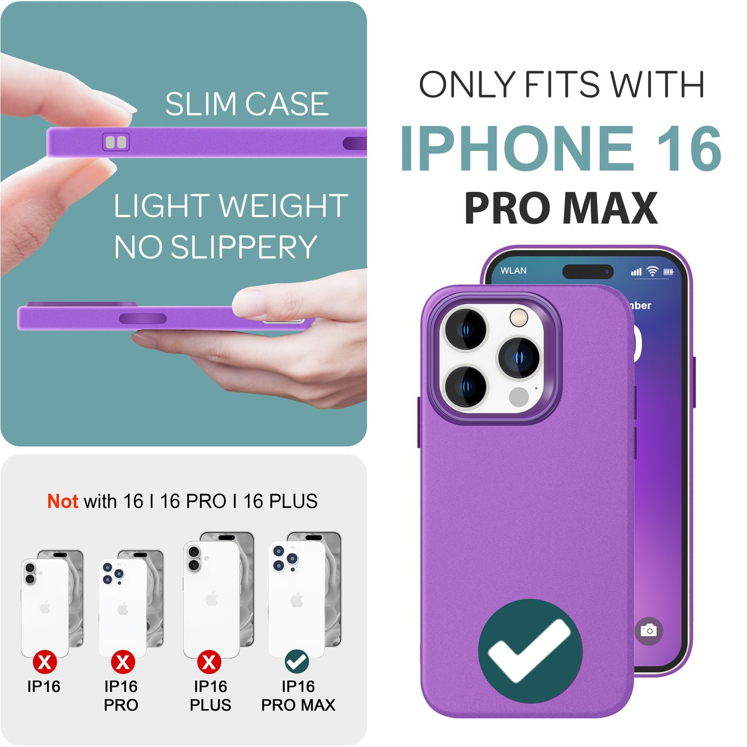 Lila Handyhülle und Telefon. Text hebt Funktionen und Kompatibilität mit iPhone 16 Pro Max hervor.