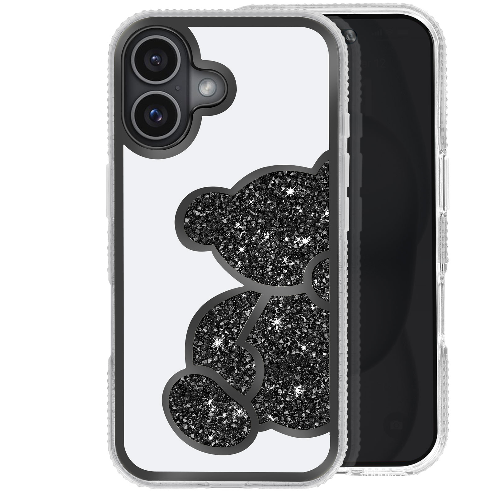 Una custodia per telefono con un design a orsetto. L'orso è nero e glitterato.