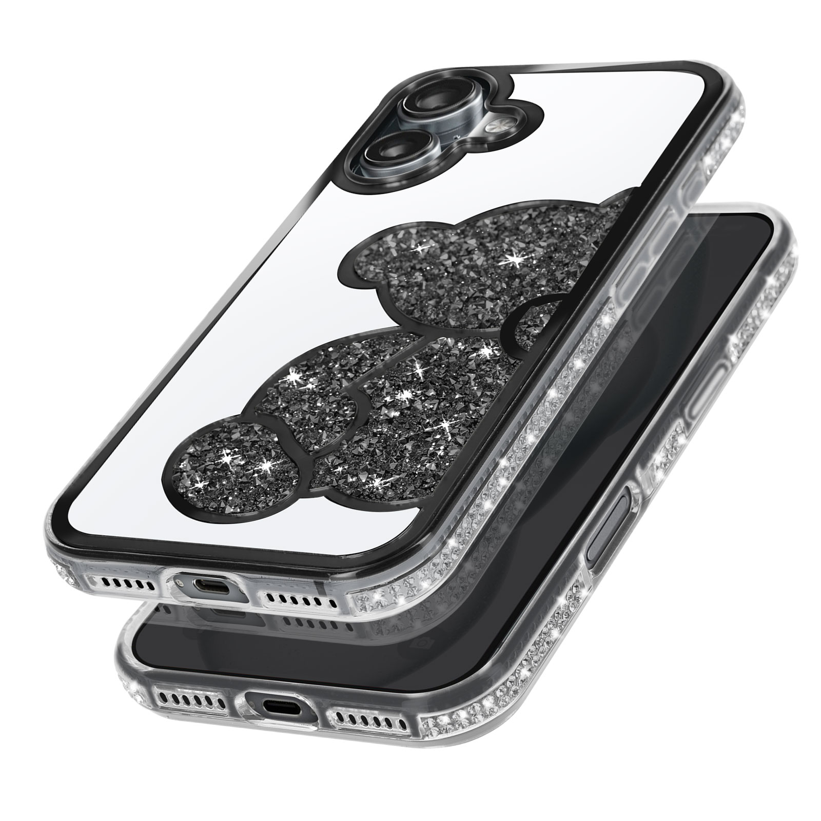 Custodia per telefono nera con design a orso, che mostra i dettagli e la superficie riflettente.