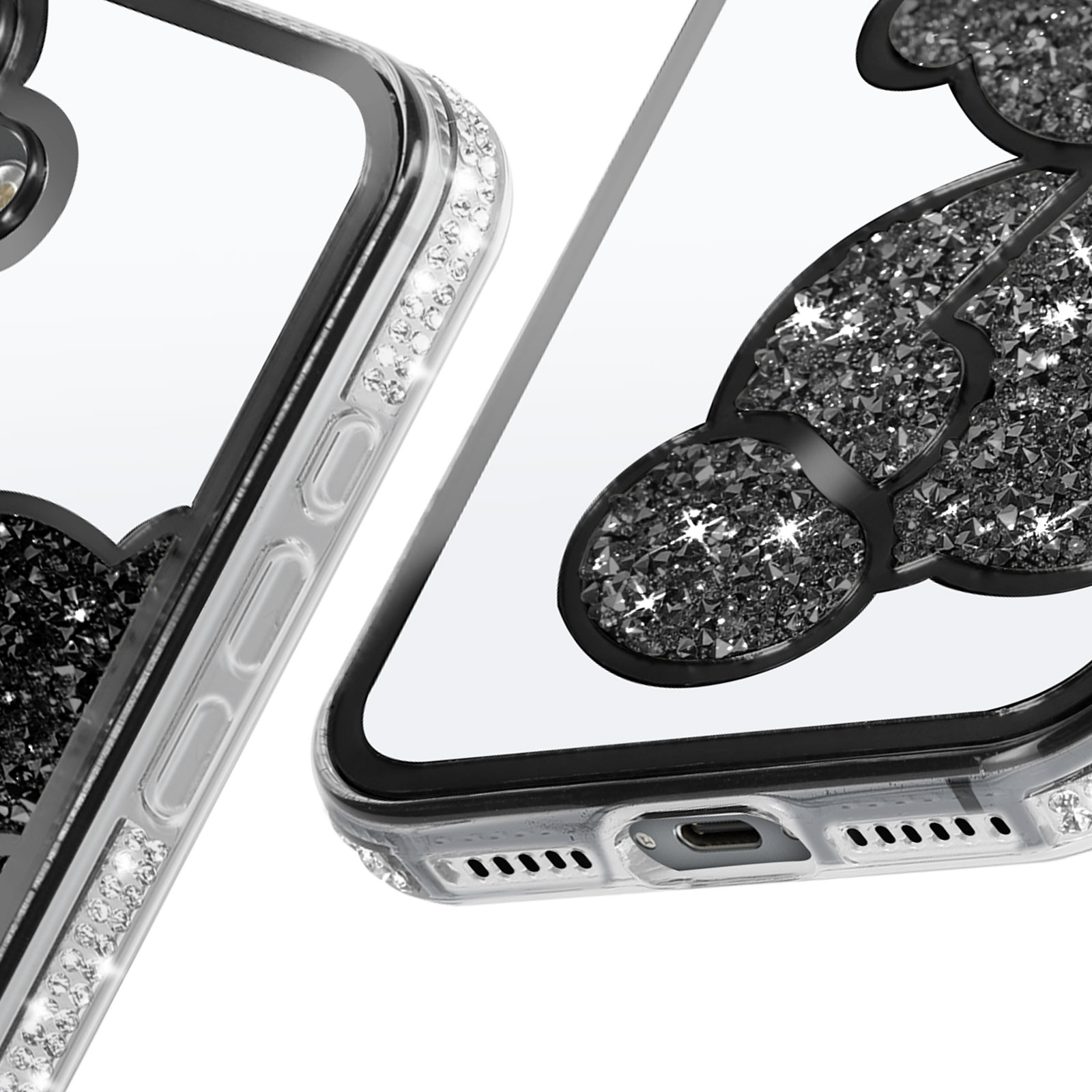 Primo piano di una custodia per telefono con abbellimenti in cristallo nero e argento e un design.