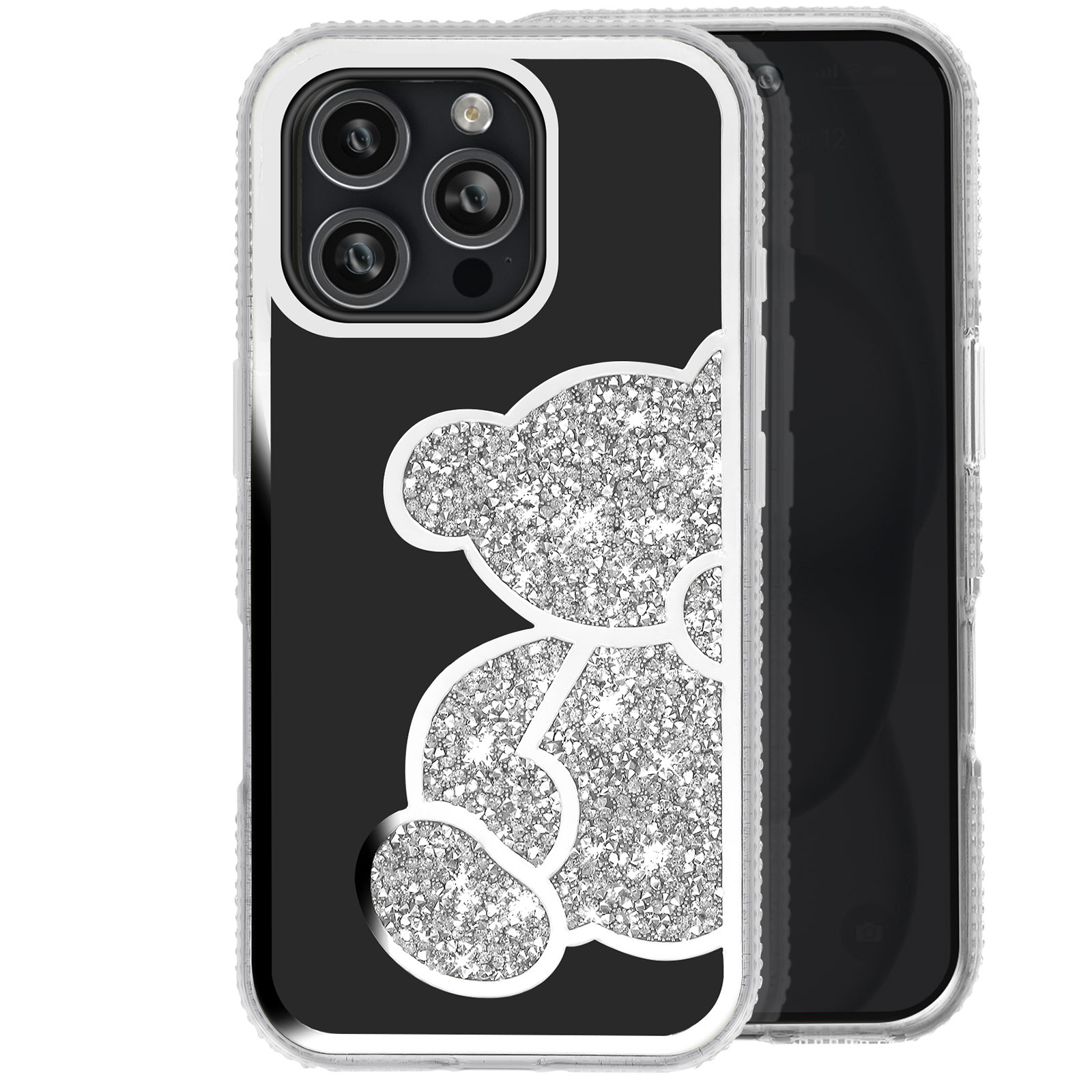 Una custodia per telefono nera con un design a orsetto glitterato sul retro. È su bianco.