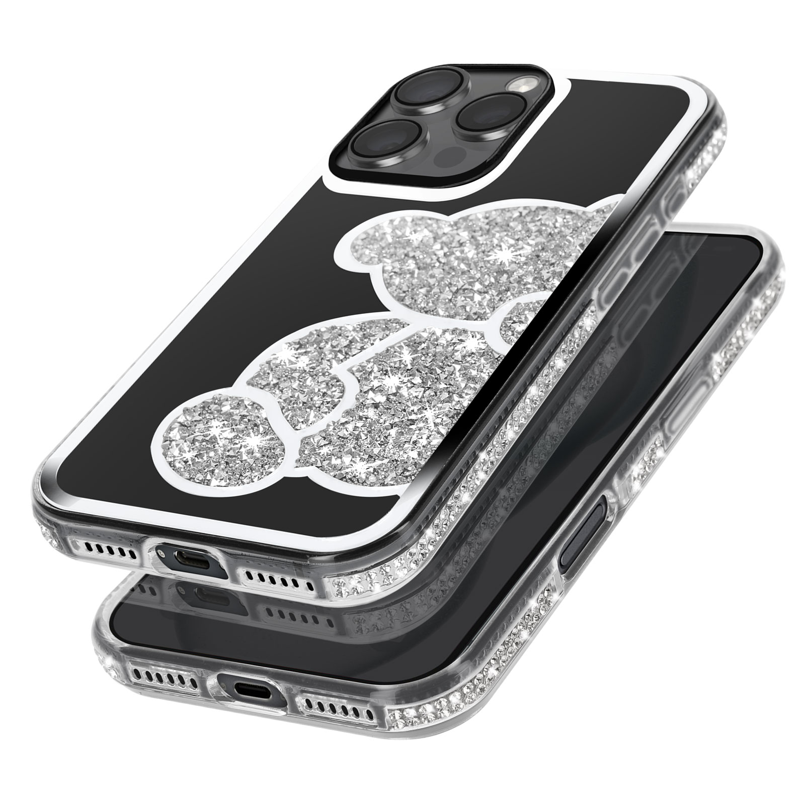Custodia per telefono nera con design a orso, mostrando i dettagli e la superficie riflettente.