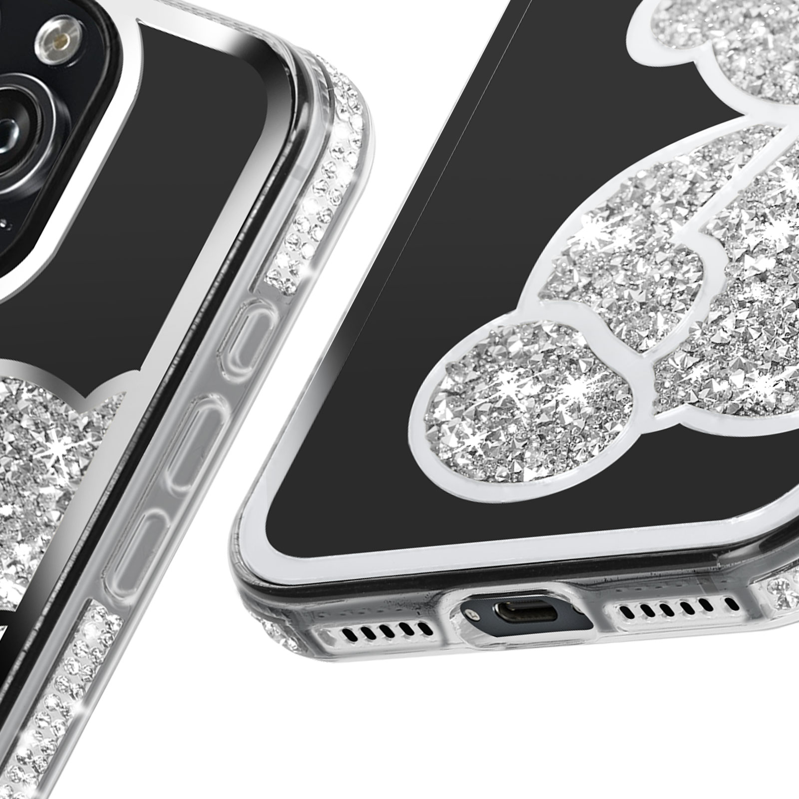 Primo piano di custodie per telefono con abbellimenti di strass che formano un orso e una farfalla.